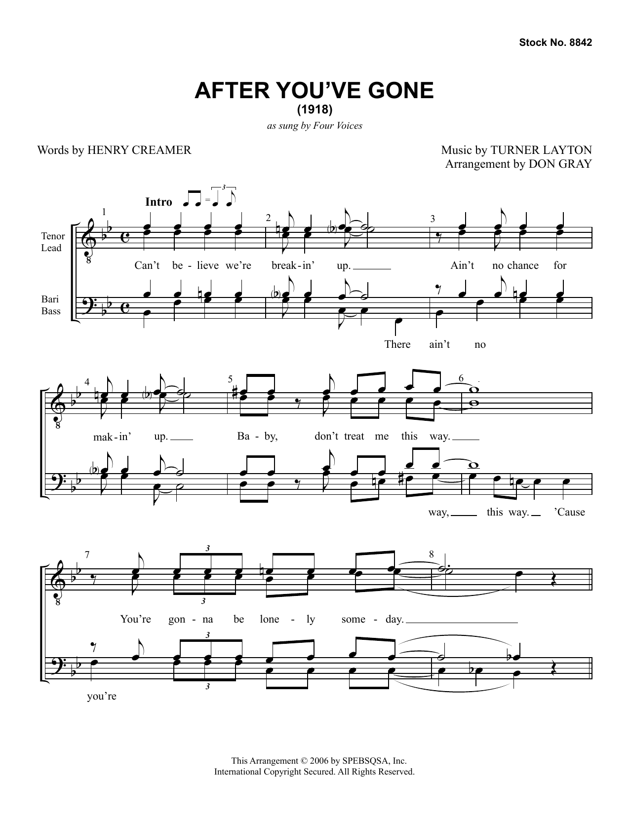 Download Four Voices After You've Gone (arr. Don Gray) Sheet Music and learn how to play TTBB Choir PDF digital score in minutes