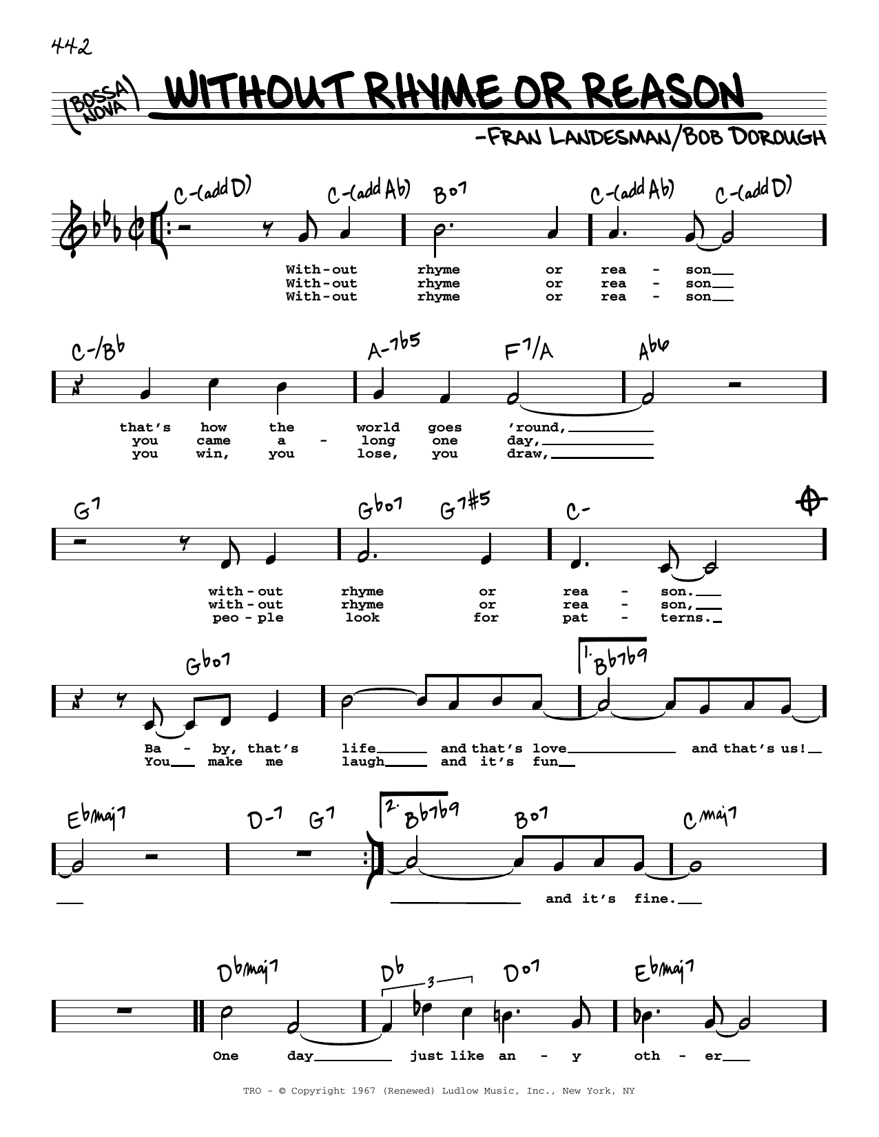 Download Fran Landesman and Bob Dorough Without Rhyme Or Reason (High Voice) Sheet Music and learn how to play Real Book – Melody, Lyrics & Chords PDF digital score in minutes