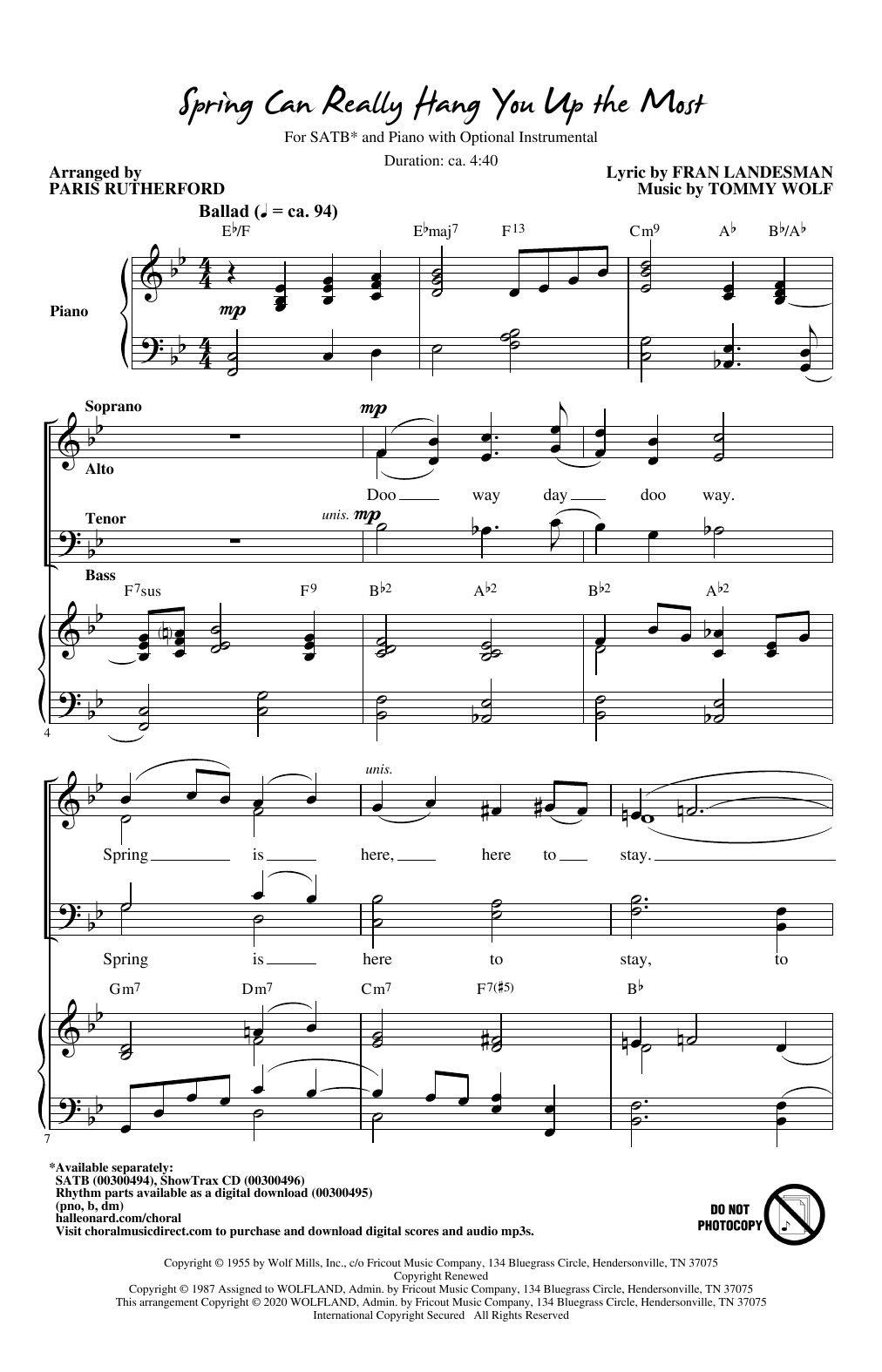 Download Fran Landesman and Tommy Wolf Spring Can Really Hang You Up The Most (arr. Paris Rutherford) Sheet Music and learn how to play SATB Choir PDF digital score in minutes