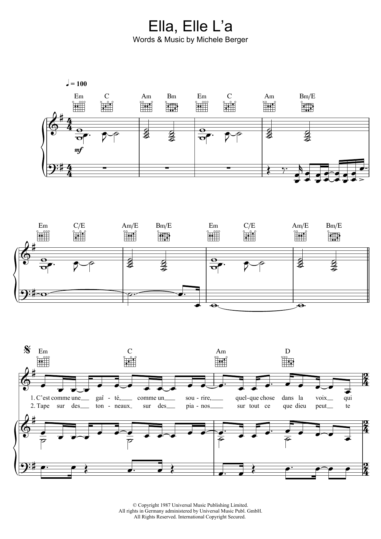 Download France Gall Ella, Elle L'a Sheet Music and learn how to play Piano, Vocal & Guitar (Right-Hand Melody) PDF digital score in minutes