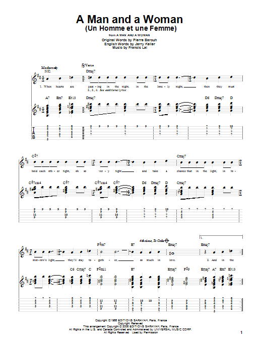 Download Francis Lai A Man And A Woman (Un Homme Et Une Femme) Sheet Music and learn how to play Guitar Tab PDF digital score in minutes