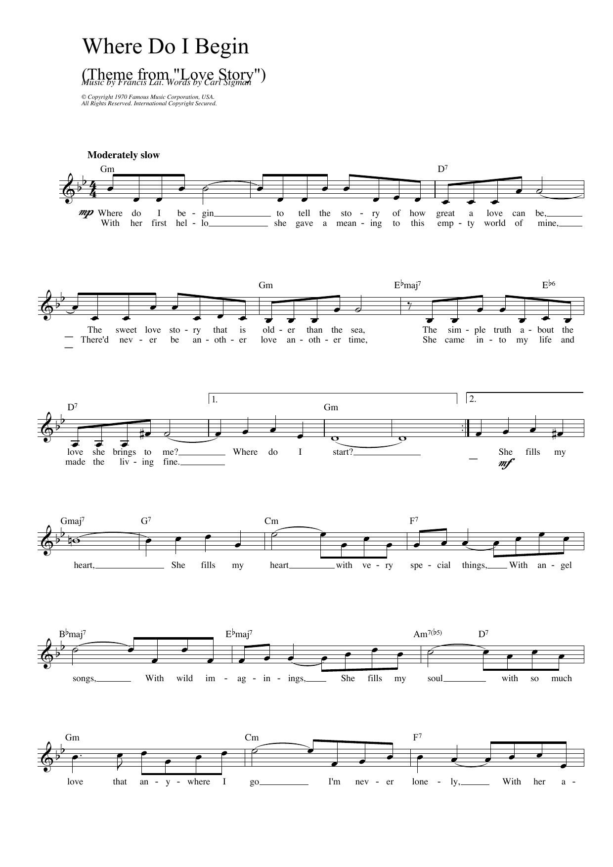 Download Francis Lai Where Do I Begin (theme from Love Story) Sheet Music and learn how to play Lead Sheet / Fake Book PDF digital score in minutes