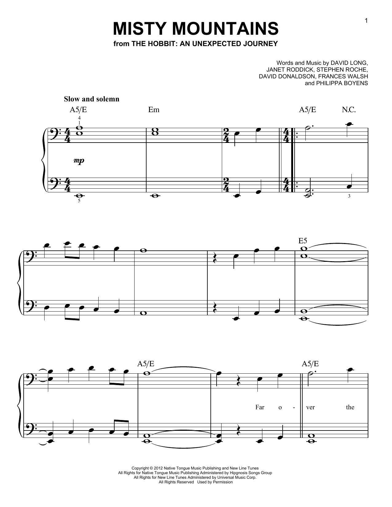 Download Frances Walsh Misty Mountains (from The Hobbit: An Unexpected Journey) Sheet Music and learn how to play Easy Piano PDF digital score in minutes