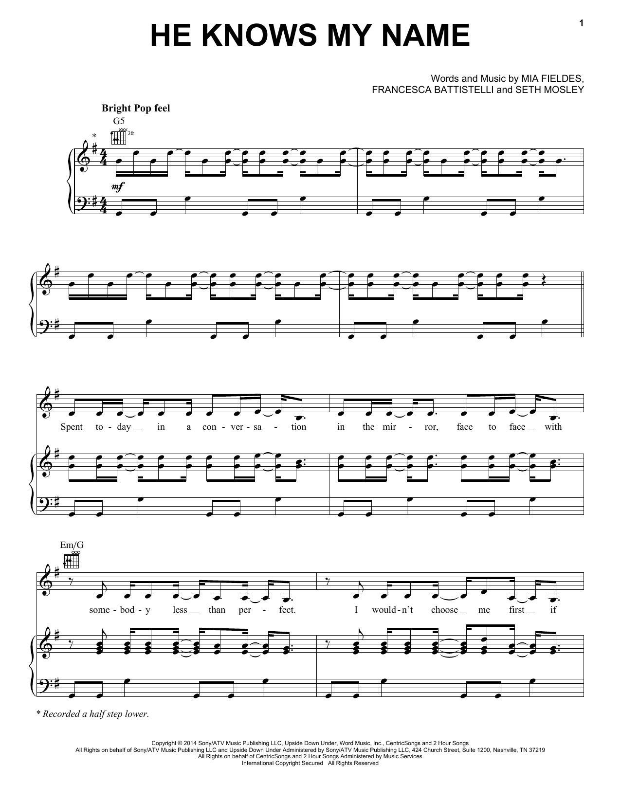 Download Francesca Battistelli He Knows My Name Sheet Music and learn how to play Piano, Vocal & Guitar (Right-Hand Melody) PDF digital score in minutes