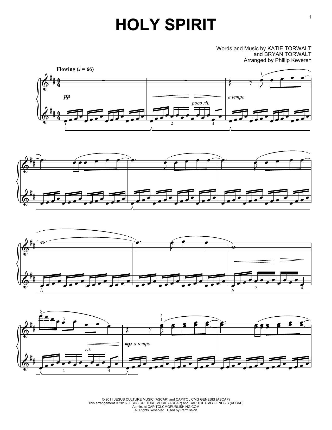 Download Bryan & Katie Torwalt Holy Spirit (arr. Phillip Keveren) Sheet Music and learn how to play Easy Piano PDF digital score in minutes