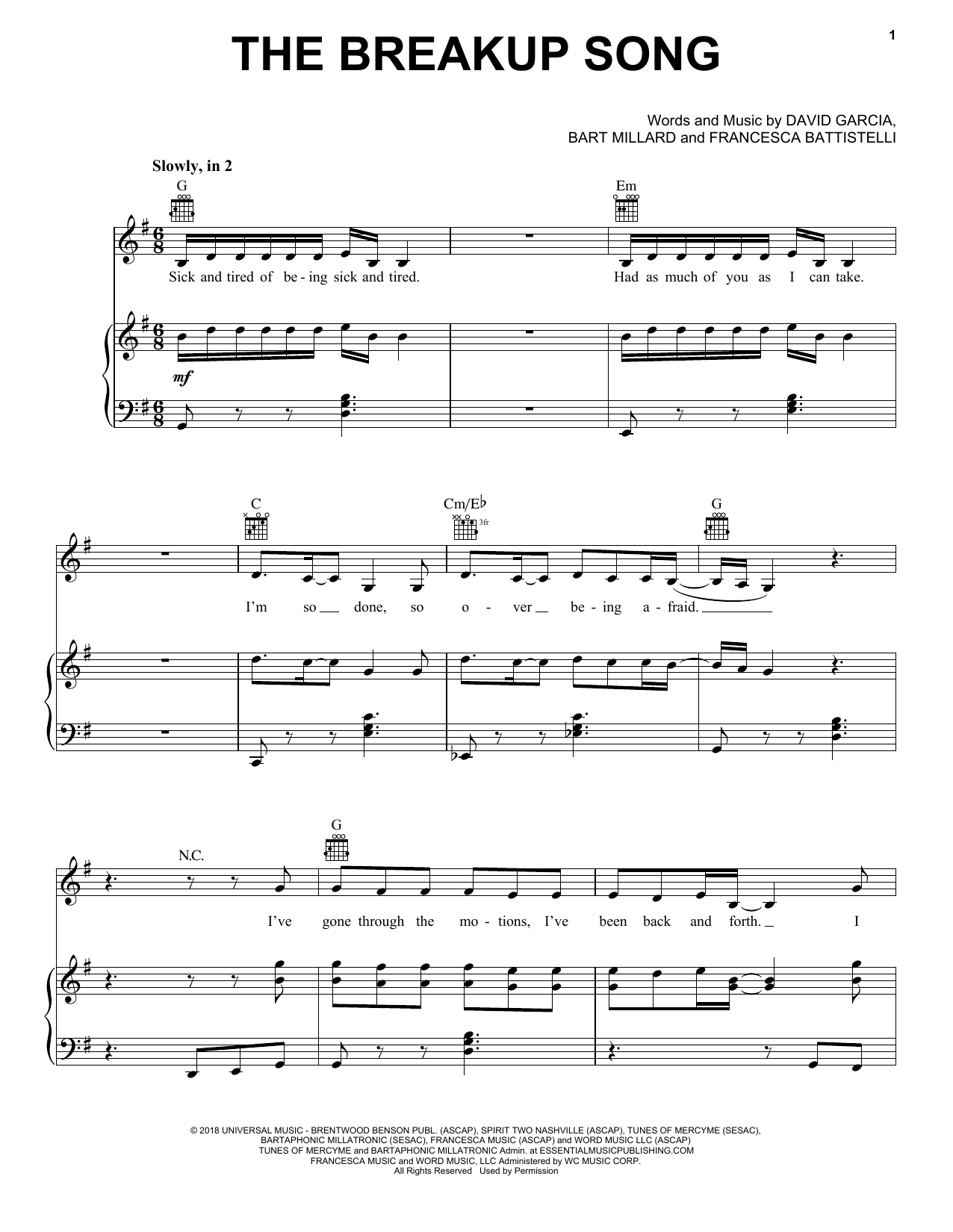 Download Francesca Battistelli The Breakup Song Sheet Music and learn how to play Piano, Vocal & Guitar Chords (Right-Hand Melody) PDF digital score in minutes