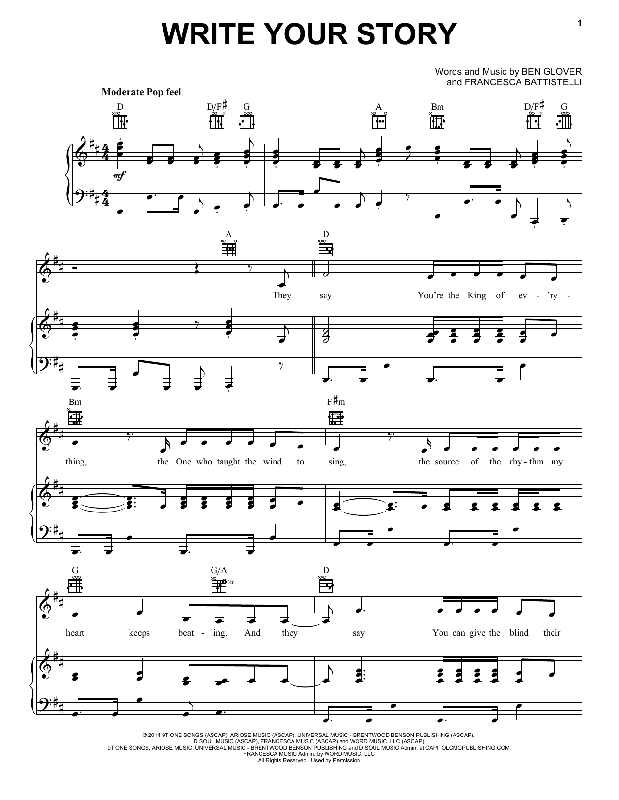 Download Francesca Battistelli Write Your Story Sheet Music and learn how to play Piano, Vocal & Guitar (Right-Hand Melody) PDF digital score in minutes