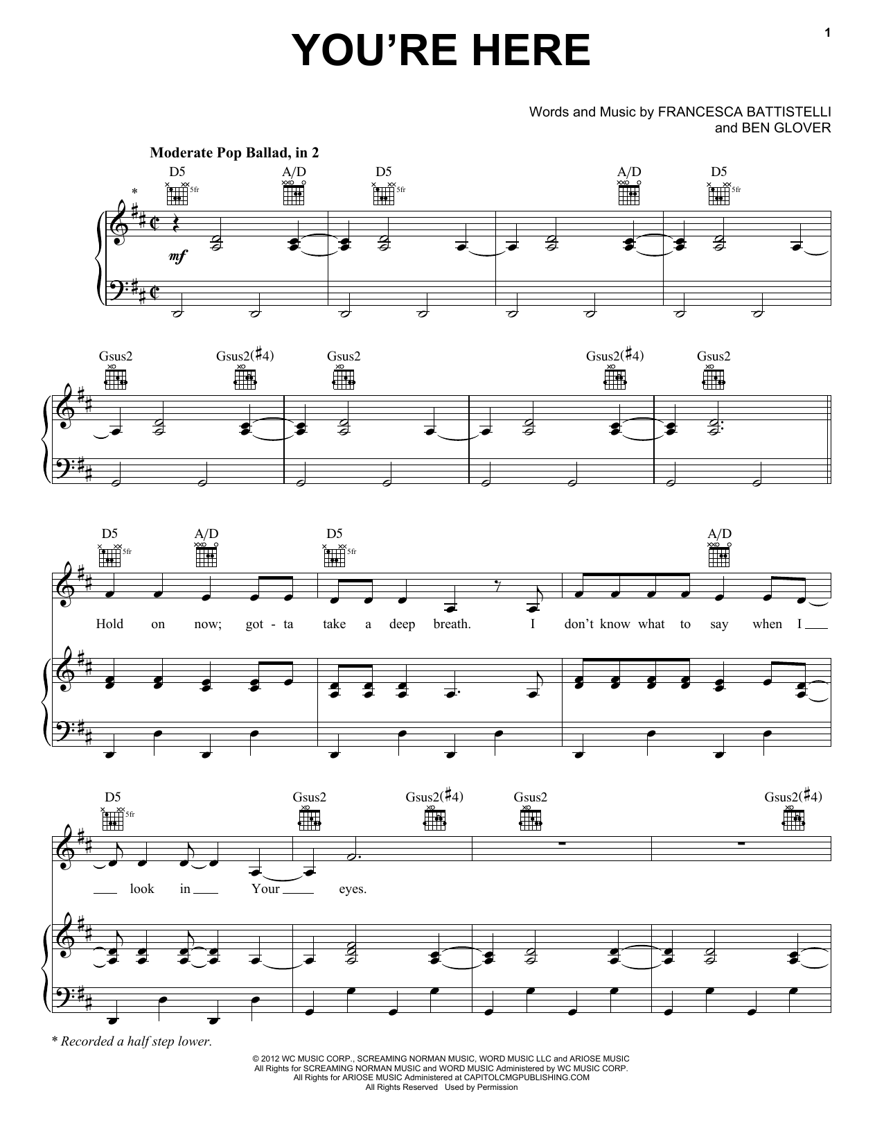 Download Francesca Battistelli You're Here Sheet Music and learn how to play Piano, Vocal & Guitar Chords (Right-Hand Melody) PDF digital score in minutes