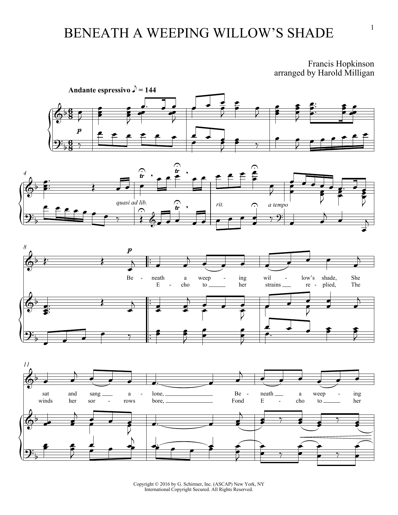 Download Francis Hopkinson Beneath A Weeping Willow's Shade Sheet Music and learn how to play Piano & Vocal PDF digital score in minutes