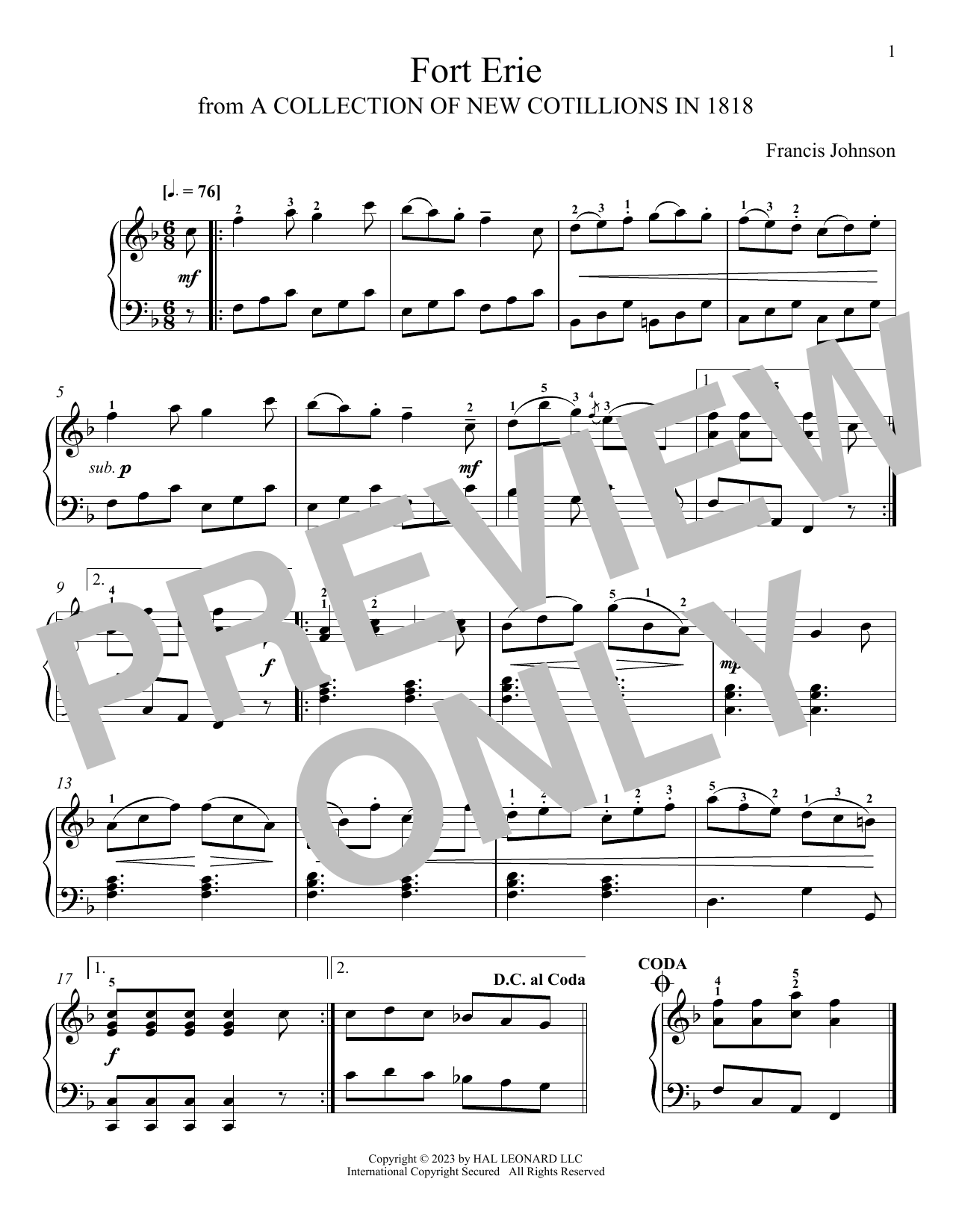 Download Francis Johnson Fort Erie Sheet Music and learn how to play Piano Solo PDF digital score in minutes