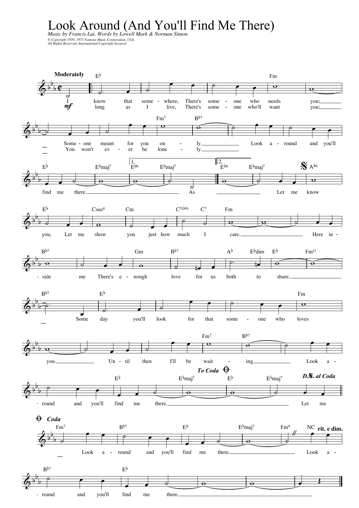 Download Francis Lai Look Around (And You'll Find Me There) (from Love Story) Sheet Music and learn how to play Melody Line, Lyrics & Chords PDF digital score in minutes