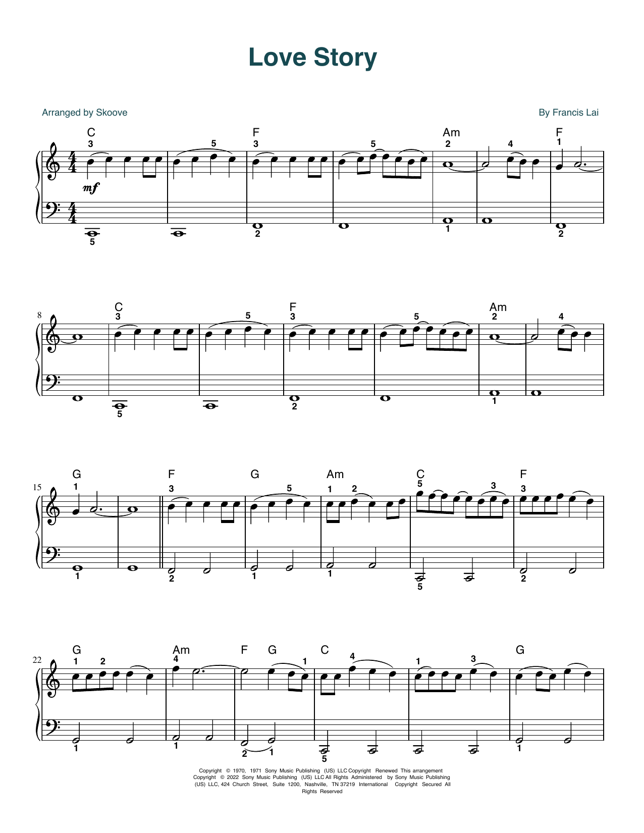 Download Francis Lai Love Story (arr. Skoove) Sheet Music and learn how to play Beginner Piano (Abridged) PDF digital score in minutes