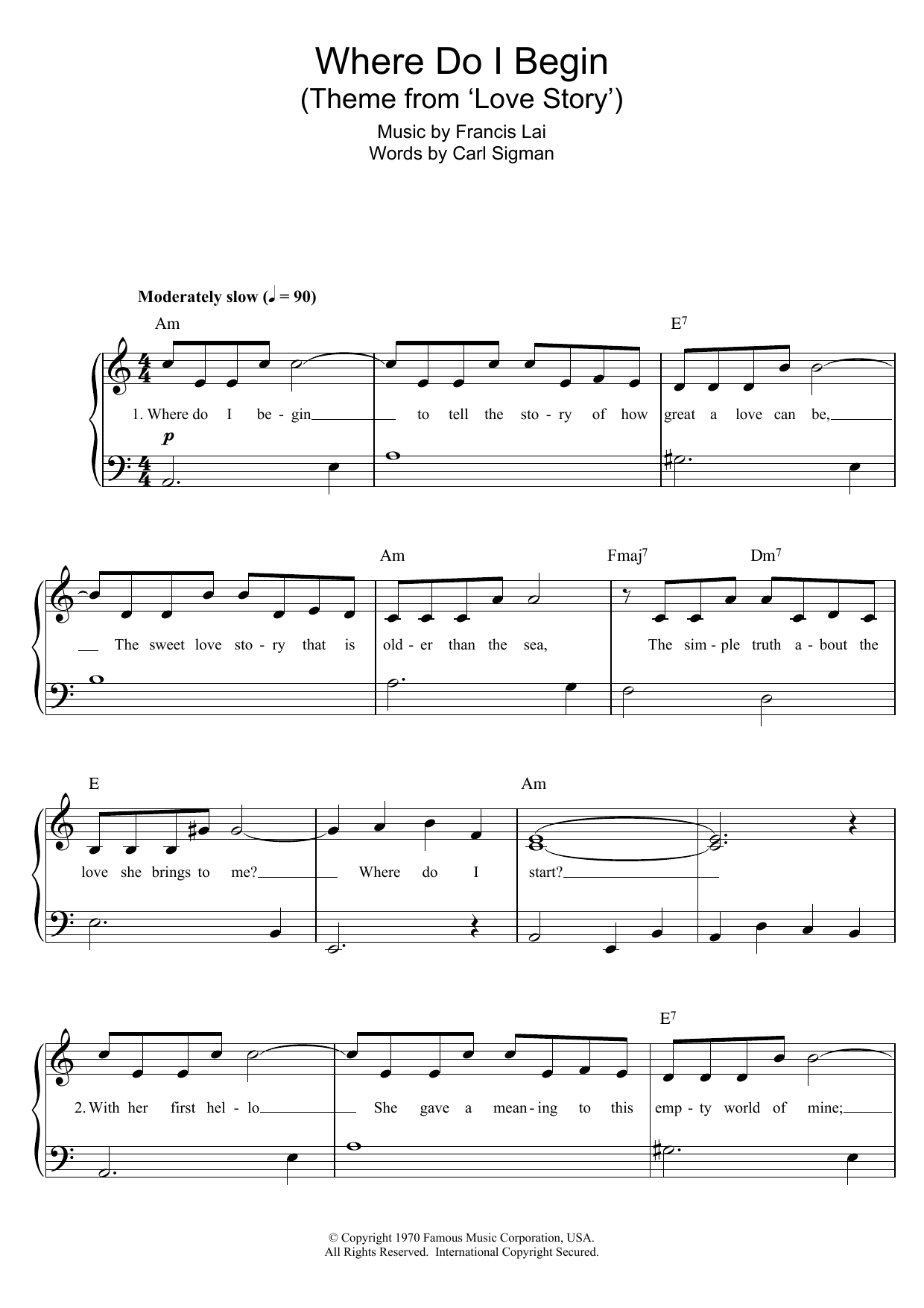 Download Francis Lai Where Do I Begin (theme from Love Story) Sheet Music and learn how to play Piano PDF digital score in minutes