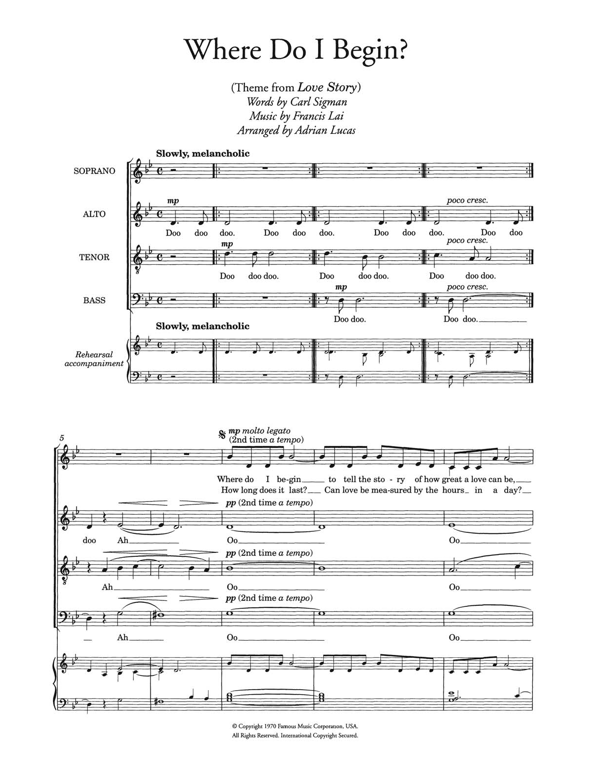 Download Francis Lai Where Do I Begin (theme from Love Story) (arr. Adrian Lucas) Sheet Music and learn how to play Choir PDF digital score in minutes