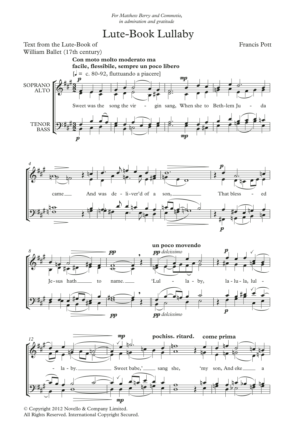 Download Francis Pott Lute-Book Lullaby Sheet Music and learn how to play SATB Choir PDF digital score in minutes