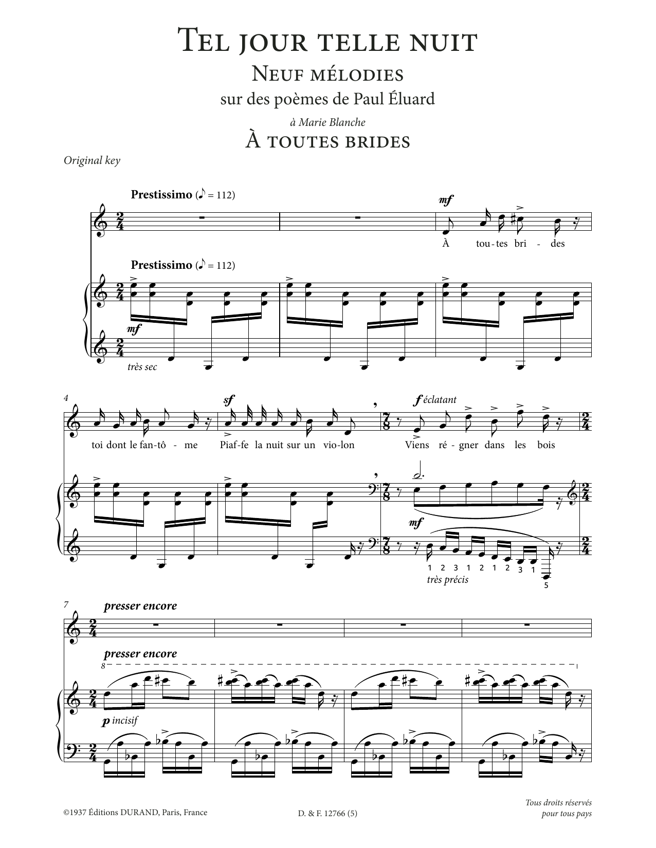 Download Francis Poulenc A toutes brides (High Voice) Sheet Music and learn how to play Piano & Vocal PDF digital score in minutes
