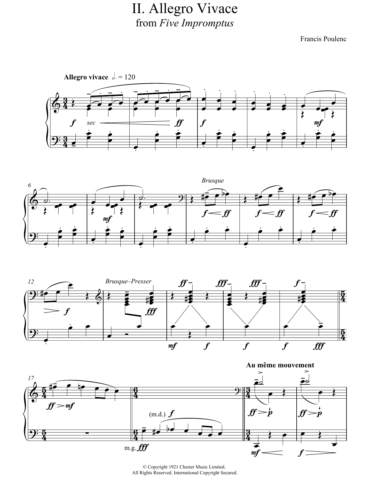 Download Francis Poulenc Allegro Vivace (From Five Impromptus) Sheet Music and learn how to play Piano PDF digital score in minutes