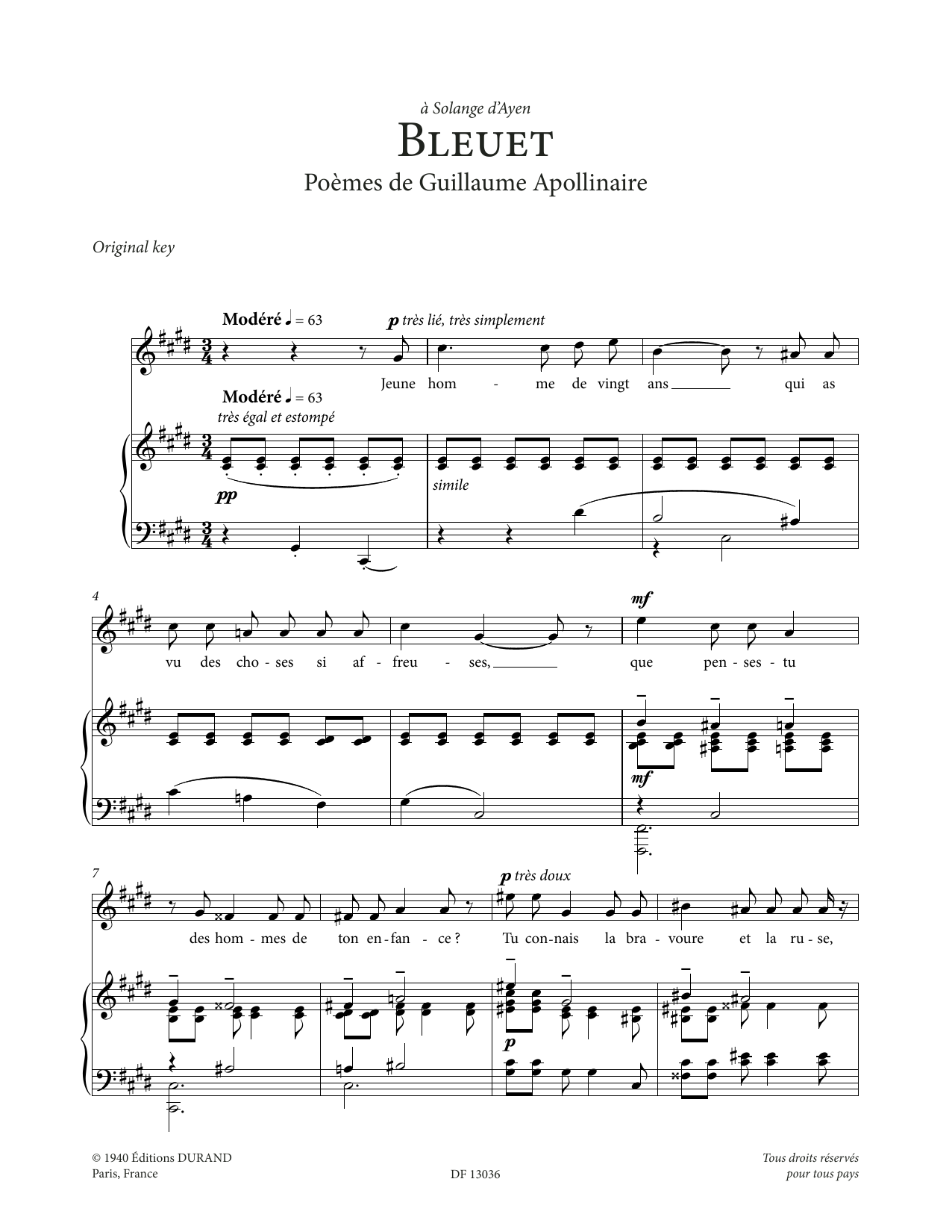 Download Francis Poulenc Bleuet (High Voice) Sheet Music and learn how to play Piano & Vocal PDF digital score in minutes