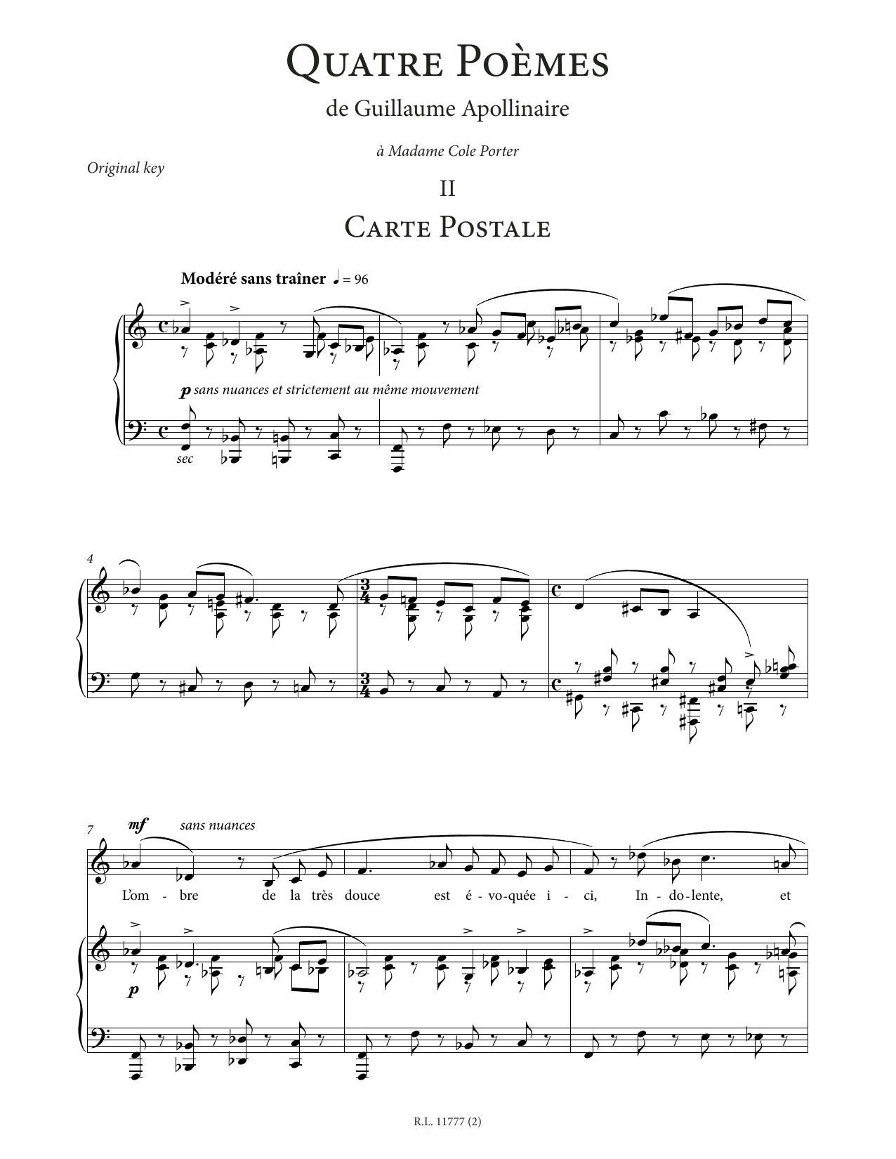 Download Francis Poulenc Carte postale (Low Voice) Sheet Music and learn how to play Piano & Vocal PDF digital score in minutes