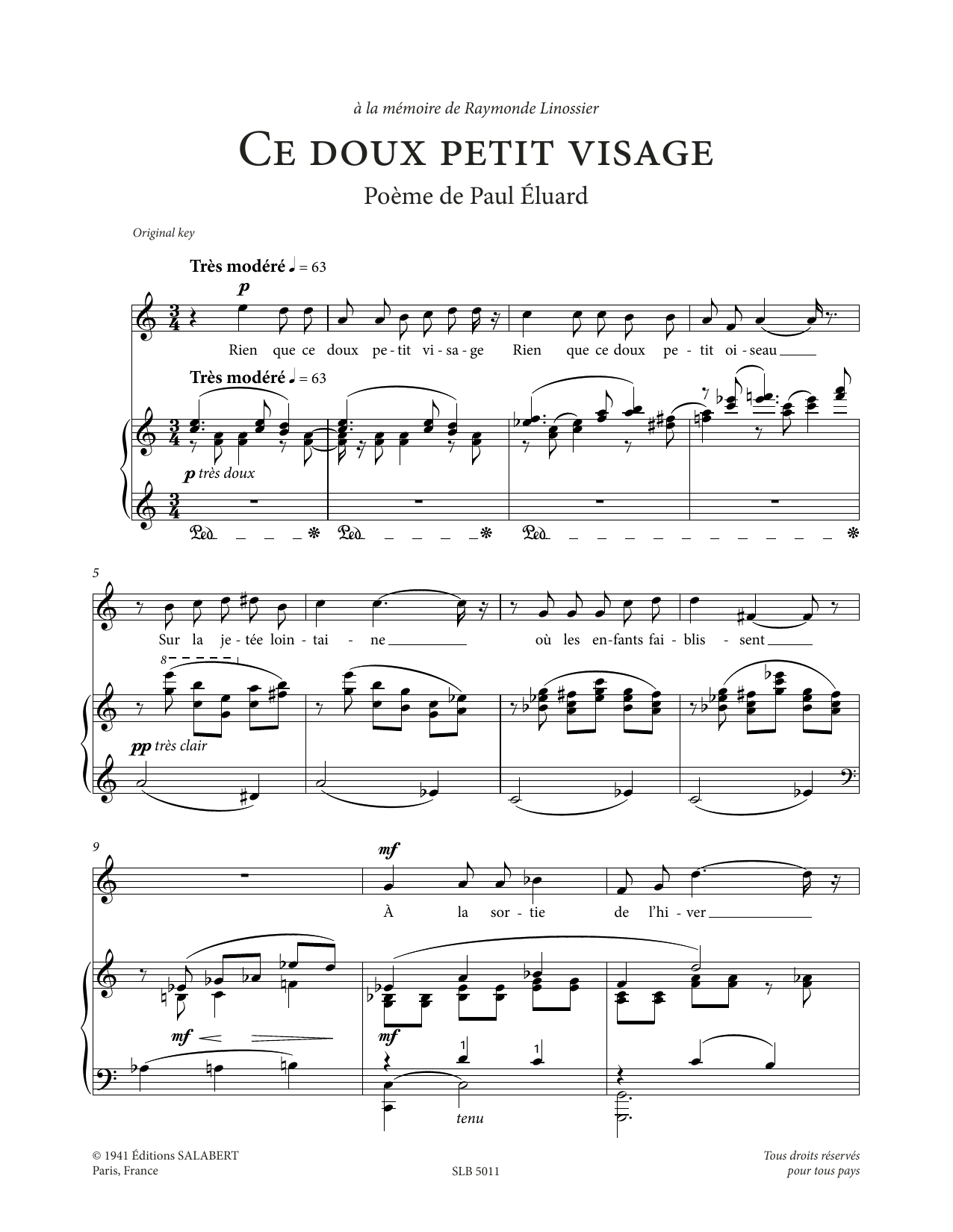 Download Francis Poulenc Ce doux petit visage (High Voice) Sheet Music and learn how to play Piano & Vocal PDF digital score in minutes