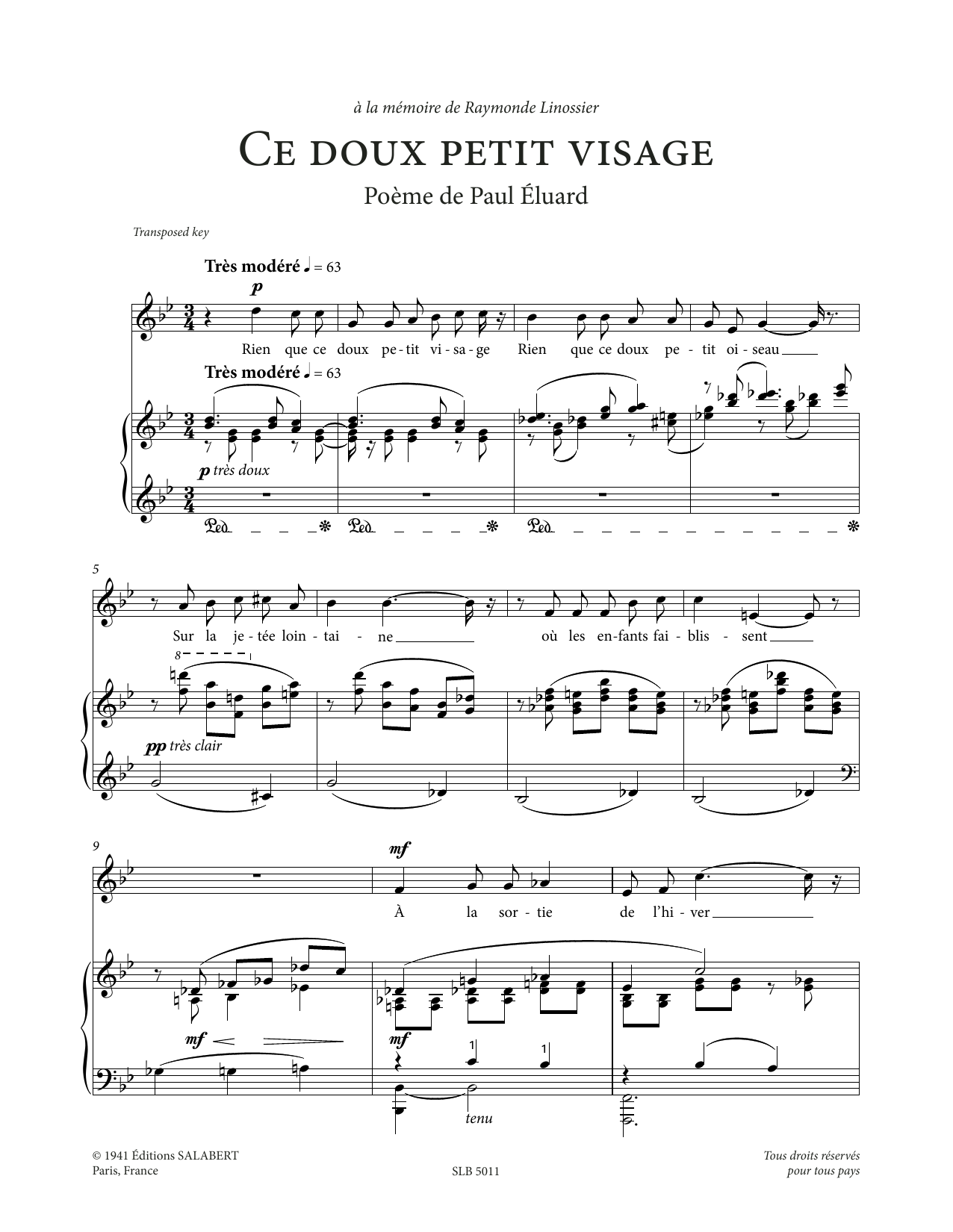 Download Francis Poulenc Ce doux petit visage (Low Voice) Sheet Music and learn how to play Piano & Vocal PDF digital score in minutes