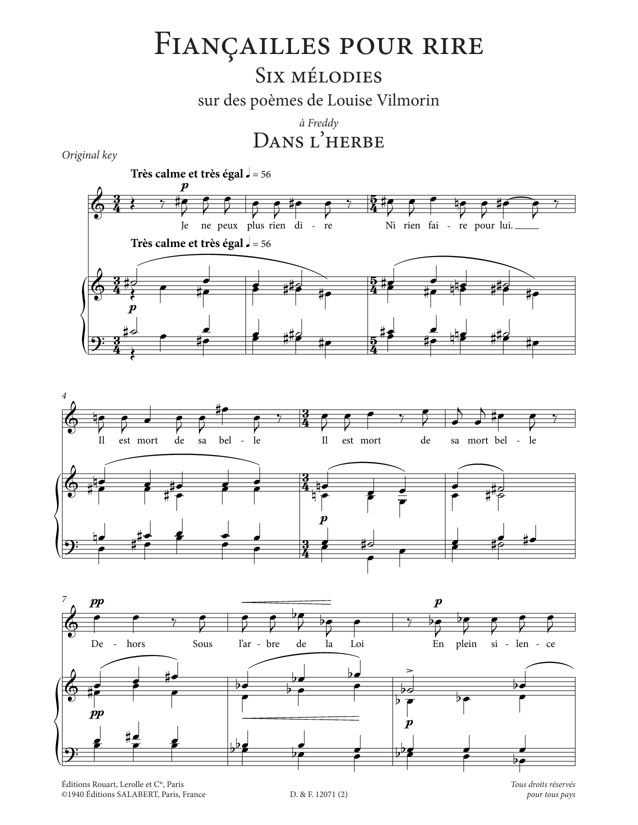 Download Francis Poulenc Dans l'herbe (High Voice) Sheet Music and learn how to play Piano & Vocal PDF digital score in minutes
