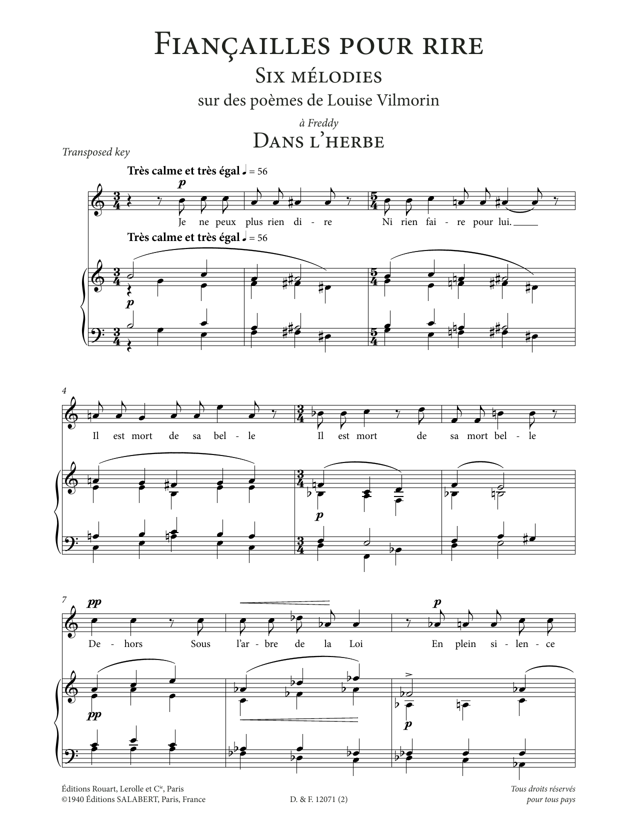 Download Francis Poulenc Dans l'herbe (Low Voice) Sheet Music and learn how to play Piano & Vocal PDF digital score in minutes
