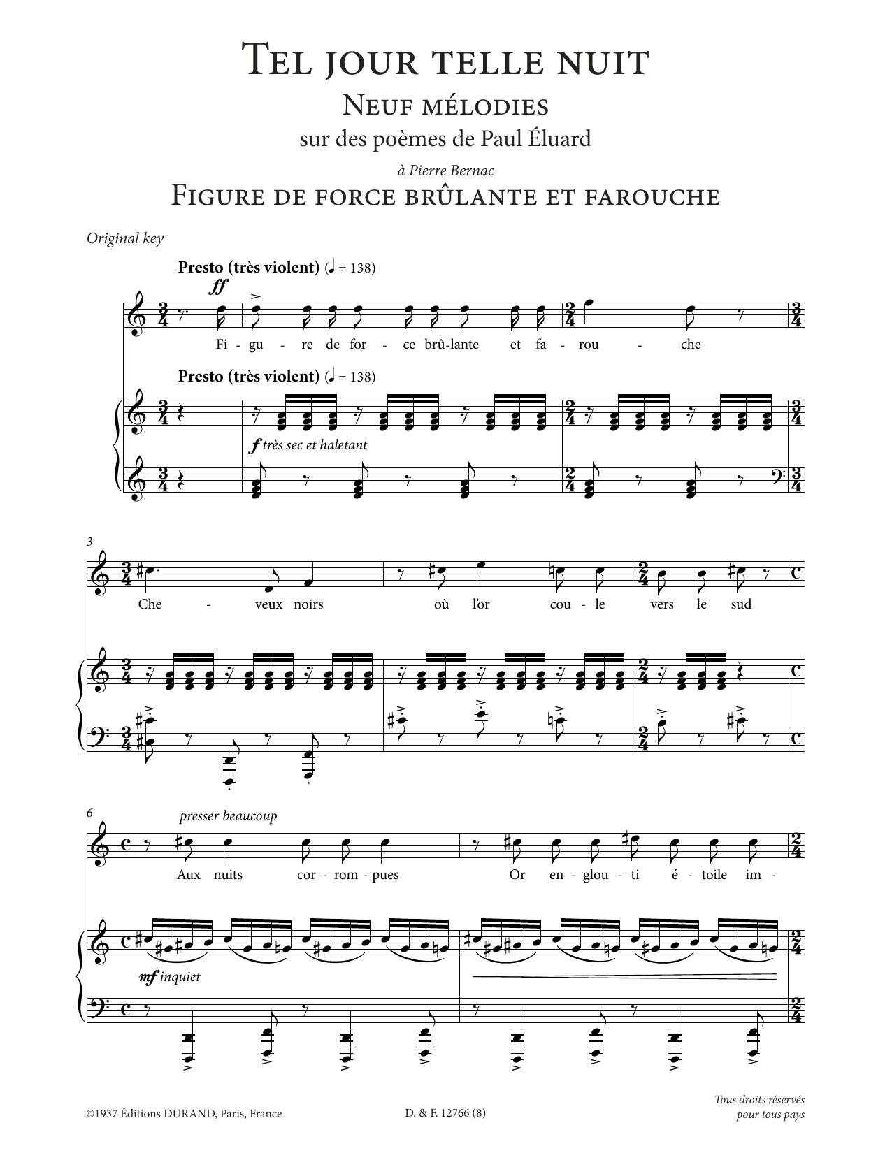 Download Francis Poulenc Figure de force brulante et farouche (High Voice) Sheet Music and learn how to play Piano & Vocal PDF digital score in minutes