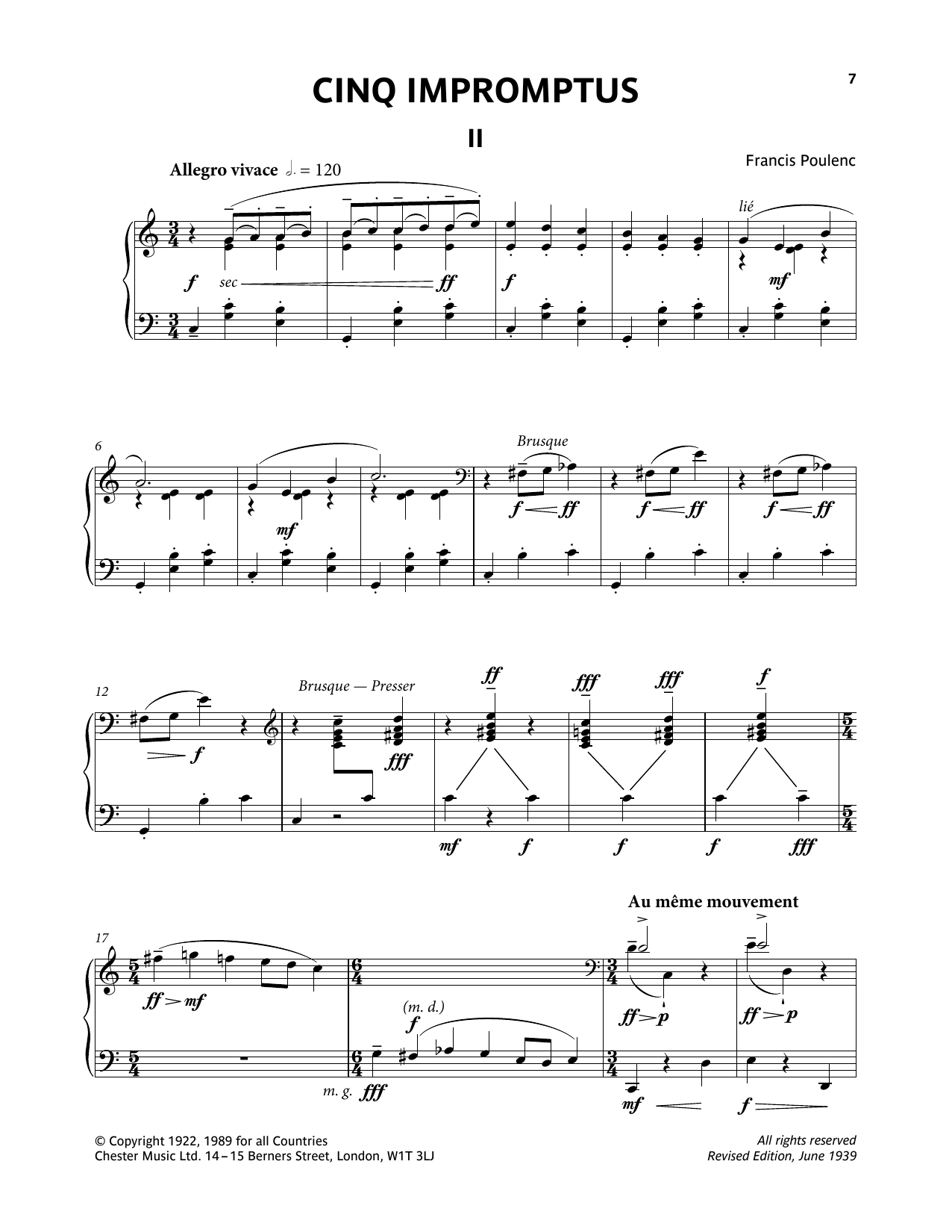 Download Francis Poulenc Five Impromptus - II. Allegro Vivace Sheet Music and learn how to play Piano Solo PDF digital score in minutes