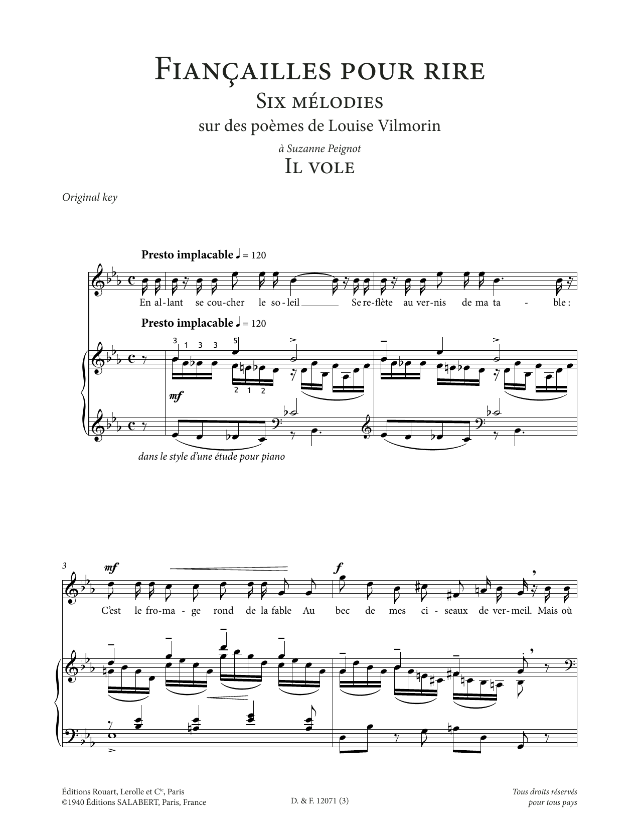 Download Francis Poulenc Il vole (High Voice) Sheet Music and learn how to play Piano & Vocal PDF digital score in minutes