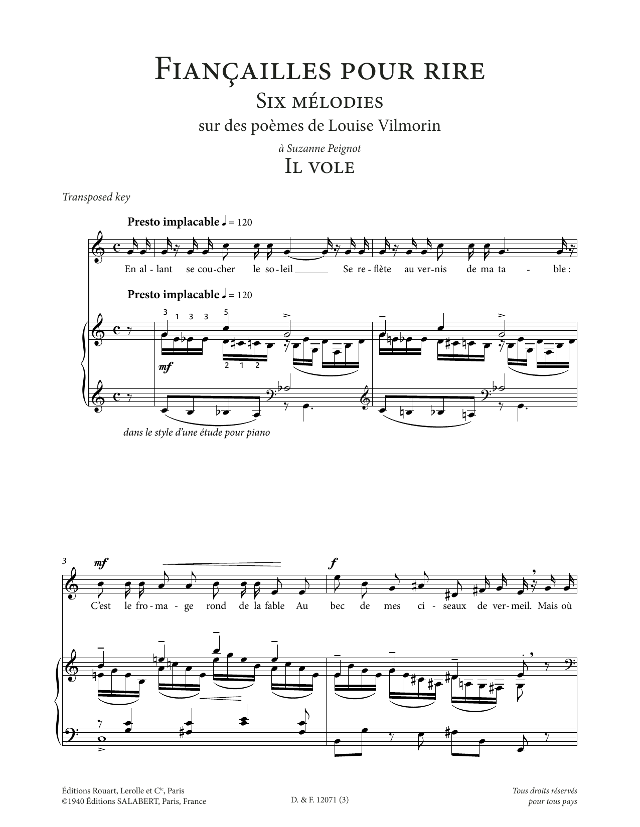 Download Francis Poulenc Il vole (Low Voice) Sheet Music and learn how to play Piano & Vocal PDF digital score in minutes