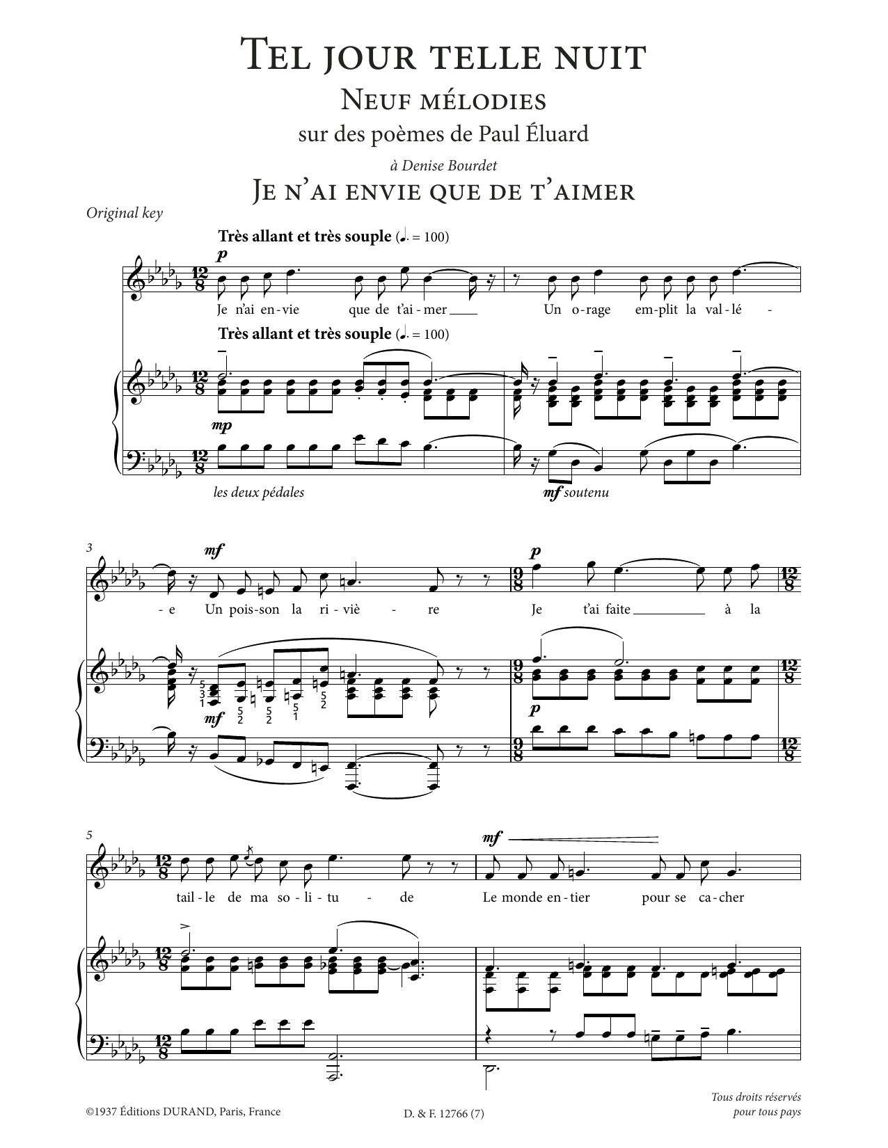 Download Francis Poulenc Je n'ai envie que de t'aimer (High Voice) Sheet Music and learn how to play Piano & Vocal PDF digital score in minutes