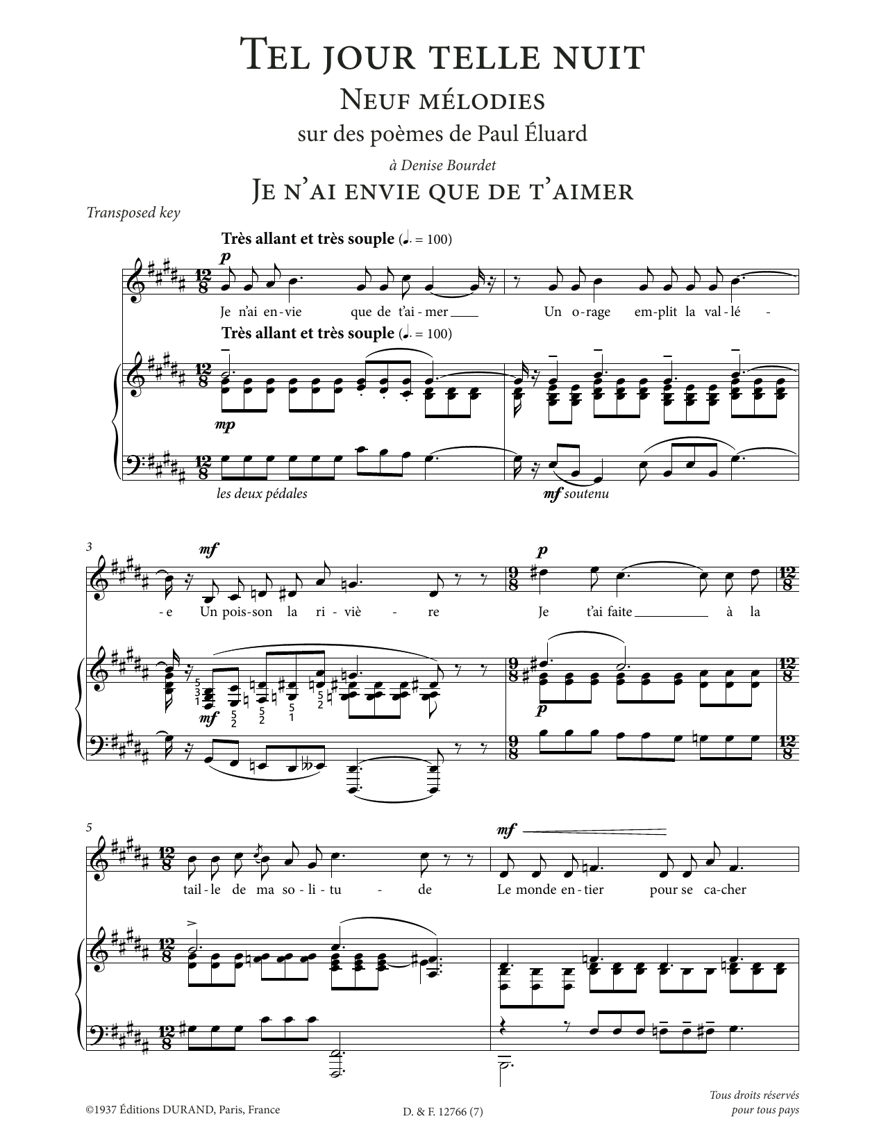 Download Francis Poulenc Je n'ai envie que de t'aimer (Low Voice) Sheet Music and learn how to play Piano & Vocal PDF digital score in minutes