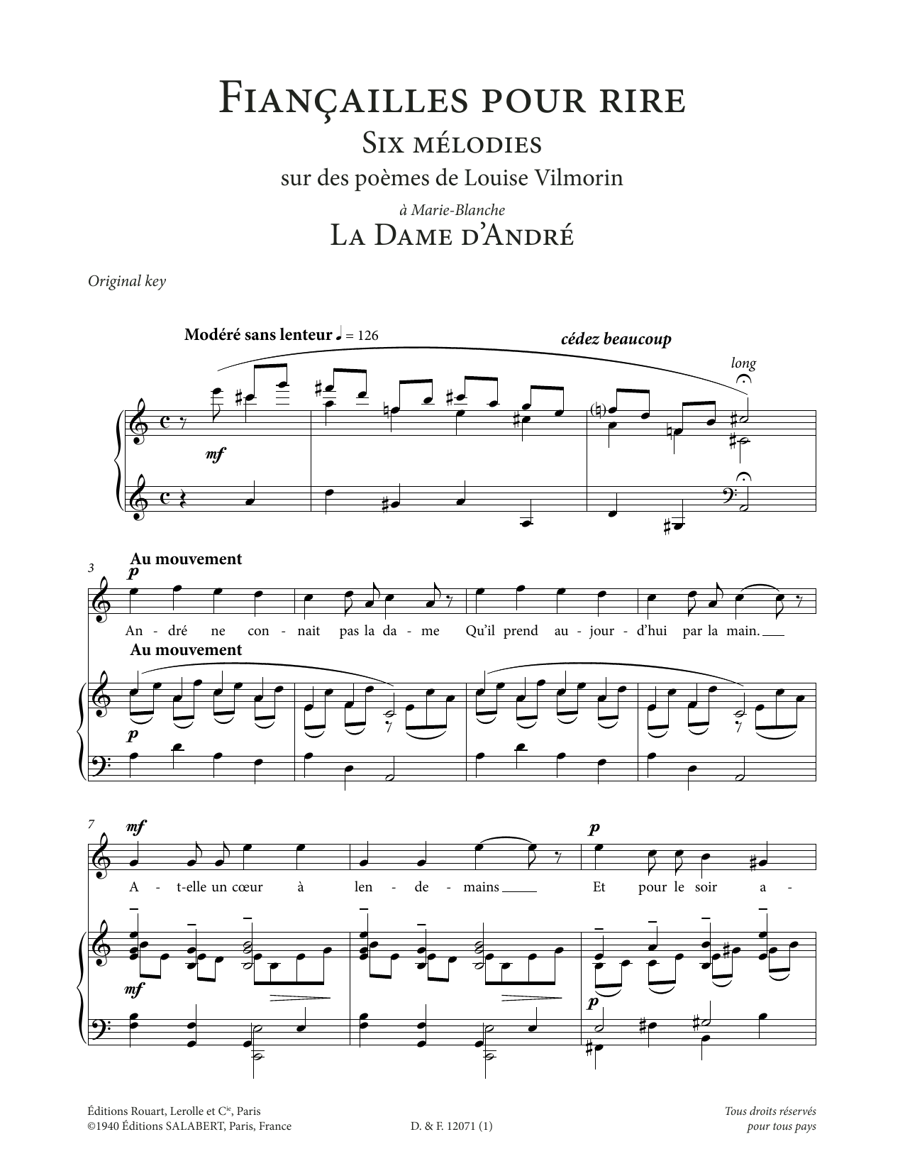 Download Francis Poulenc La Dame d'André (High Voice) Sheet Music and learn how to play Piano & Vocal PDF digital score in minutes