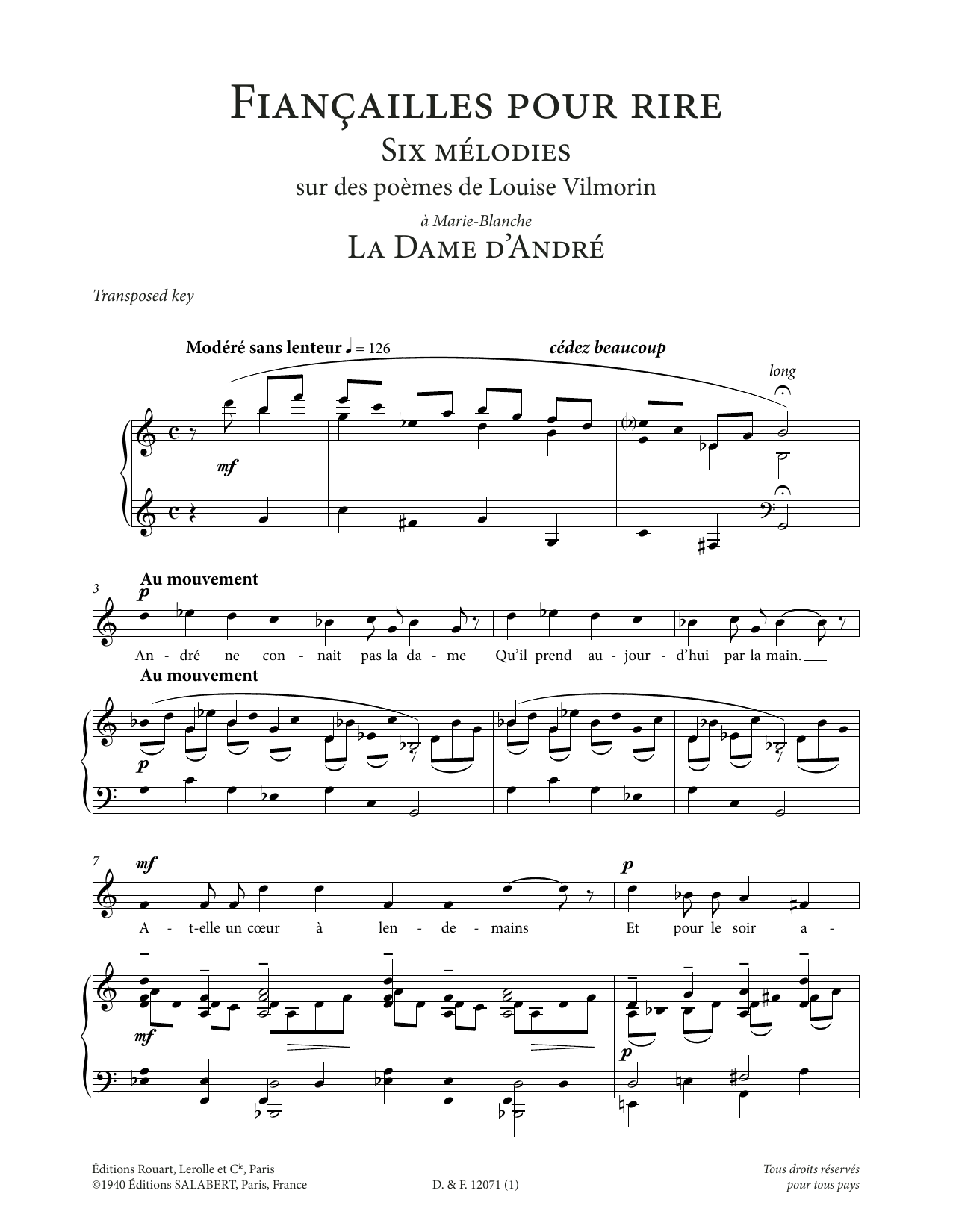Download Francis Poulenc La Dame d'André (Low Voice) Sheet Music and learn how to play Piano & Vocal PDF digital score in minutes