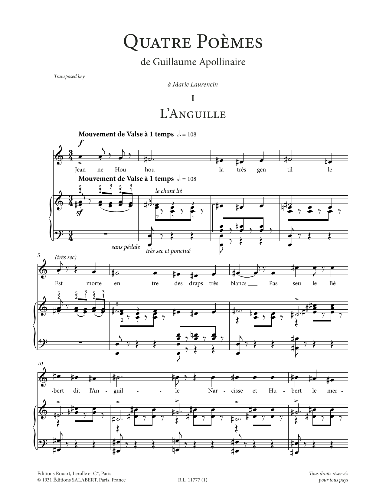 Download Francis Poulenc L'Anguille (High Voice) Sheet Music and learn how to play Piano & Vocal PDF digital score in minutes