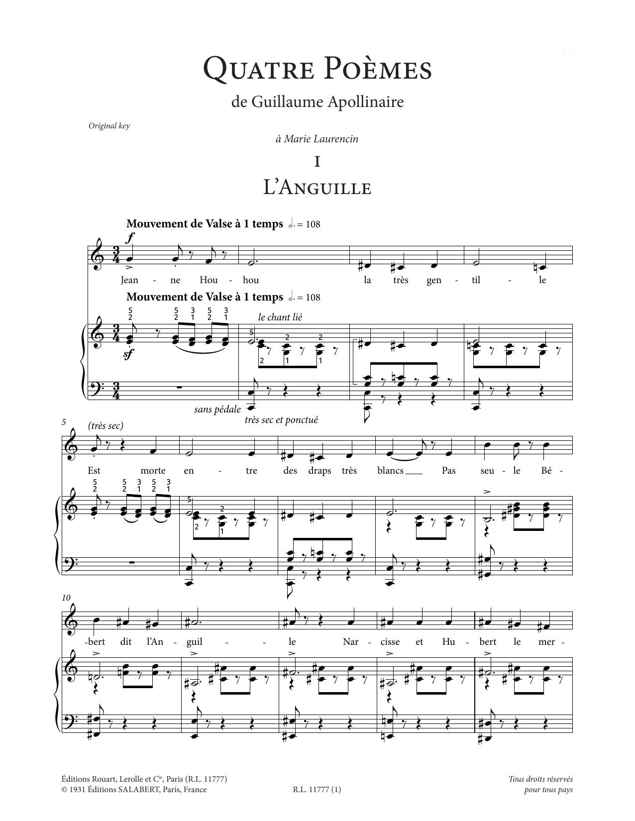 Download Francis Poulenc L'Anguille (Low Voice) Sheet Music and learn how to play Piano & Vocal PDF digital score in minutes
