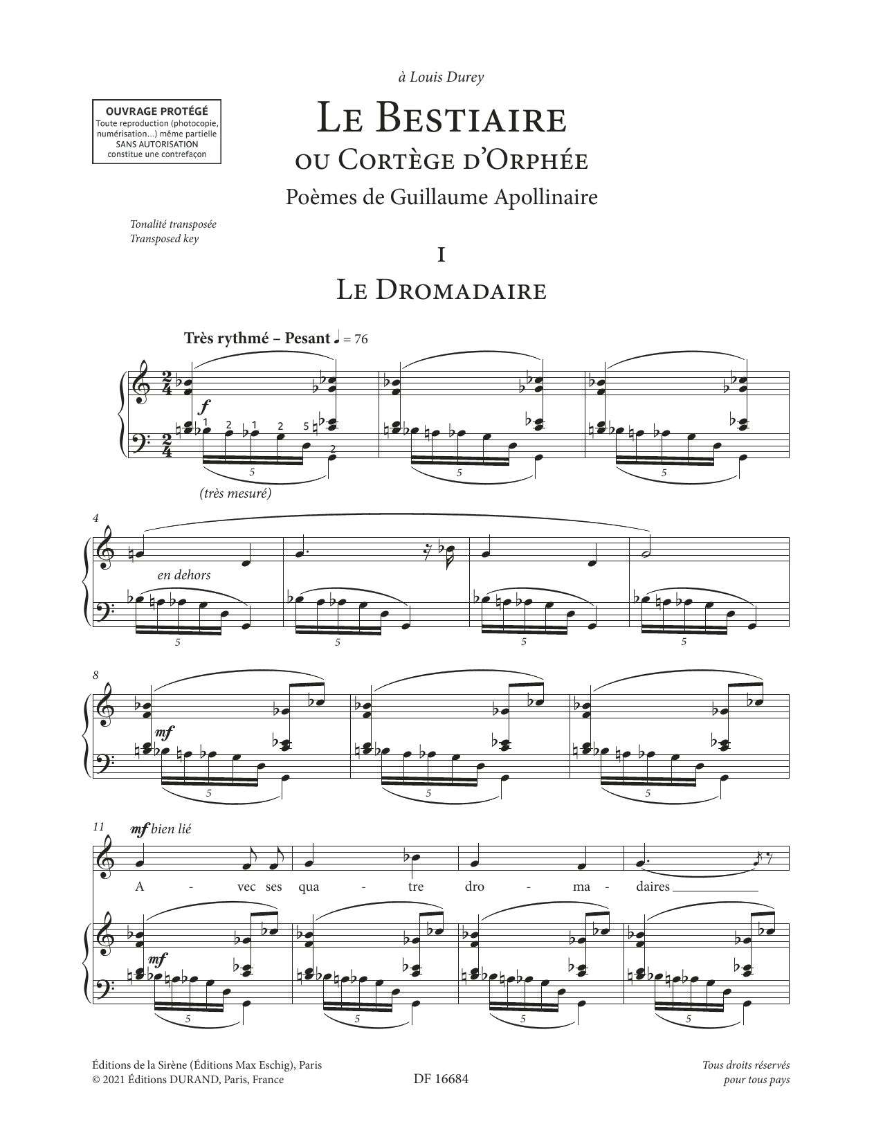 Download Francis Poulenc Le Bestiaire ou le Cortège d'Orphée (High Voice) Sheet Music and learn how to play Piano & Vocal PDF digital score in minutes