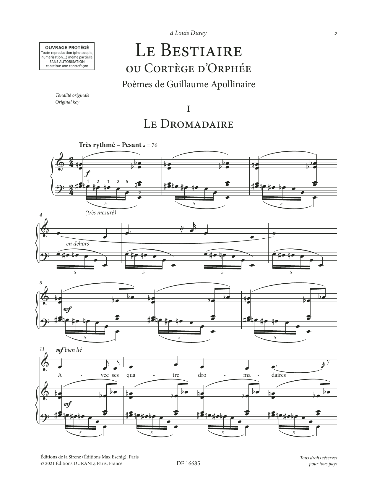 Download Francis Poulenc Le Bestiaire ou le Cortège d'Orphée (Low Voice) Sheet Music and learn how to play Piano & Vocal PDF digital score in minutes