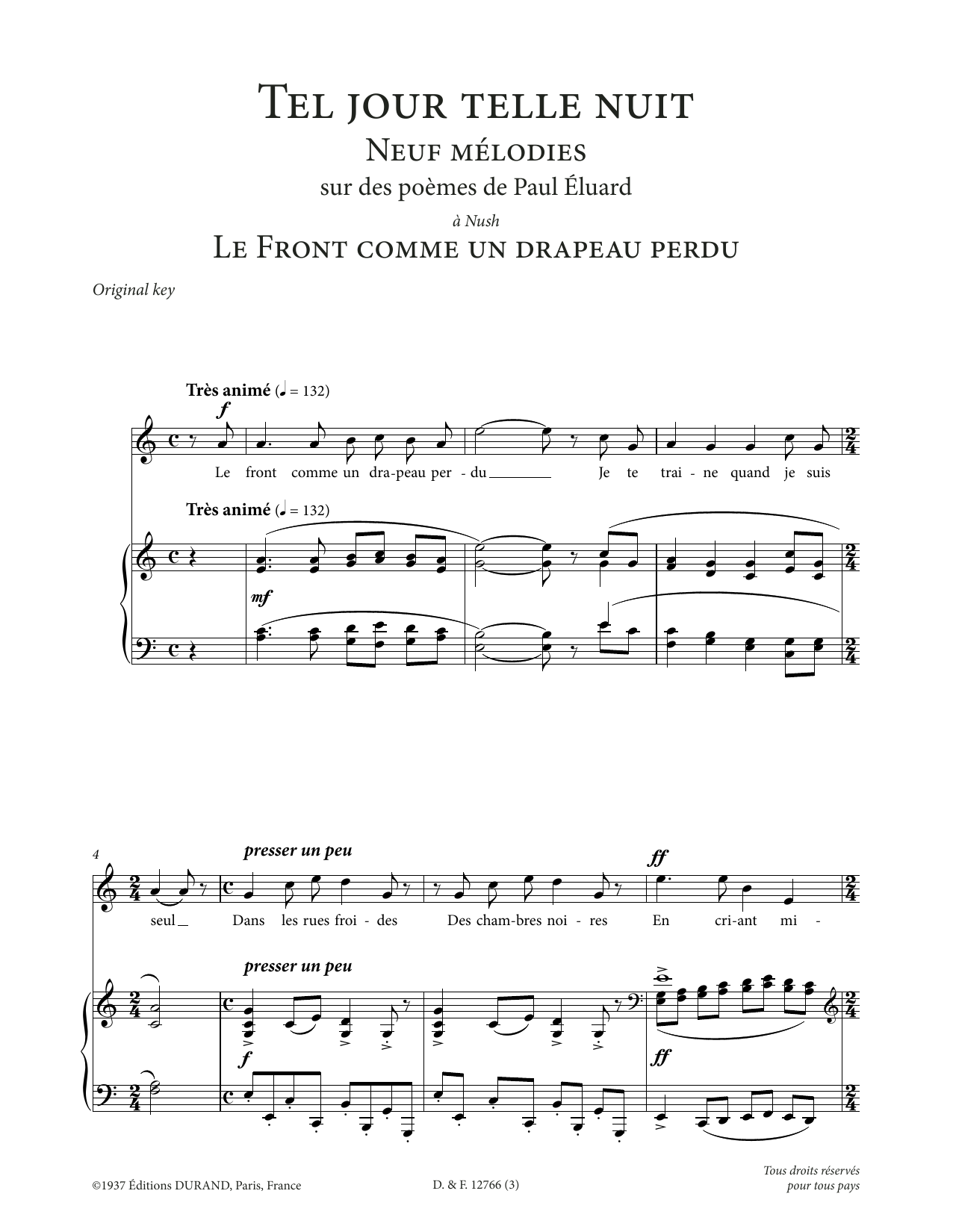 Download Francis Poulenc Le front comme un drapeau perdu (High Voice) Sheet Music and learn how to play Piano & Vocal PDF digital score in minutes