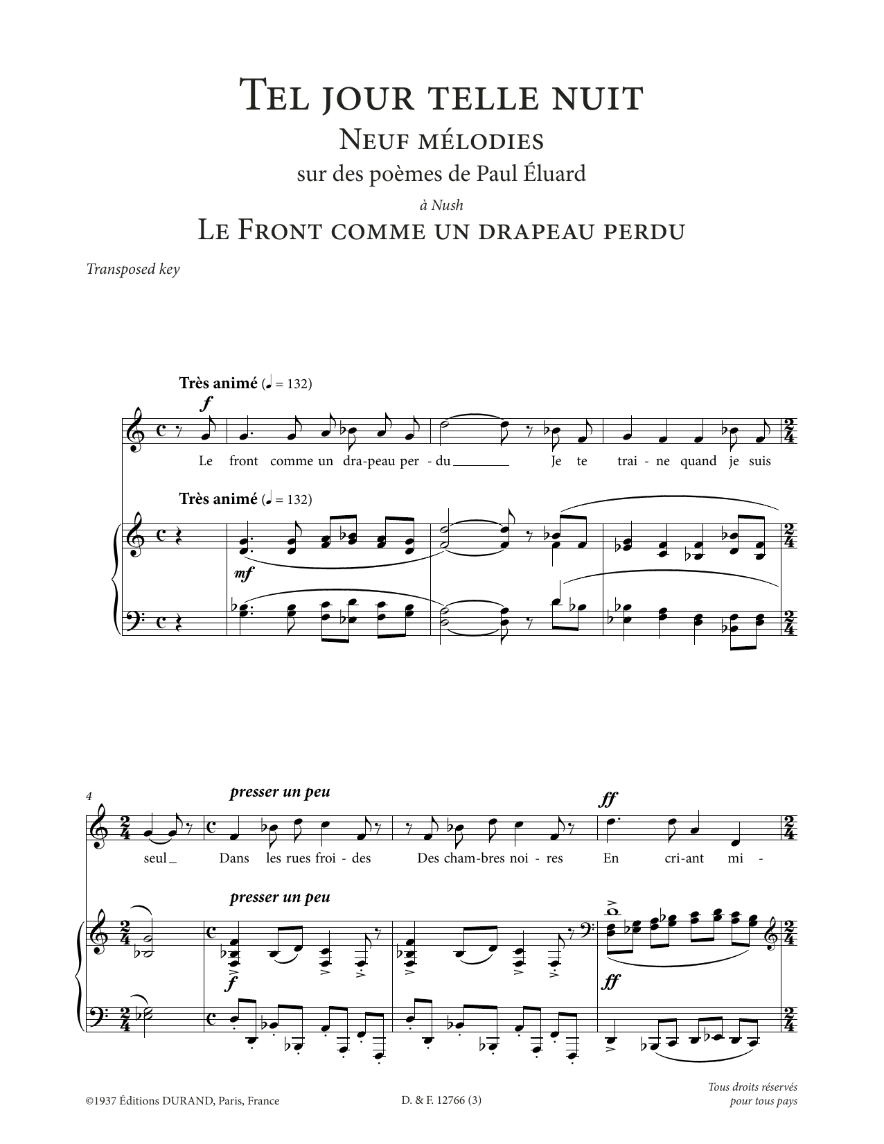 Download Francis Poulenc Le front comme un drapeau perdu (Low Voice) Sheet Music and learn how to play Piano & Vocal PDF digital score in minutes