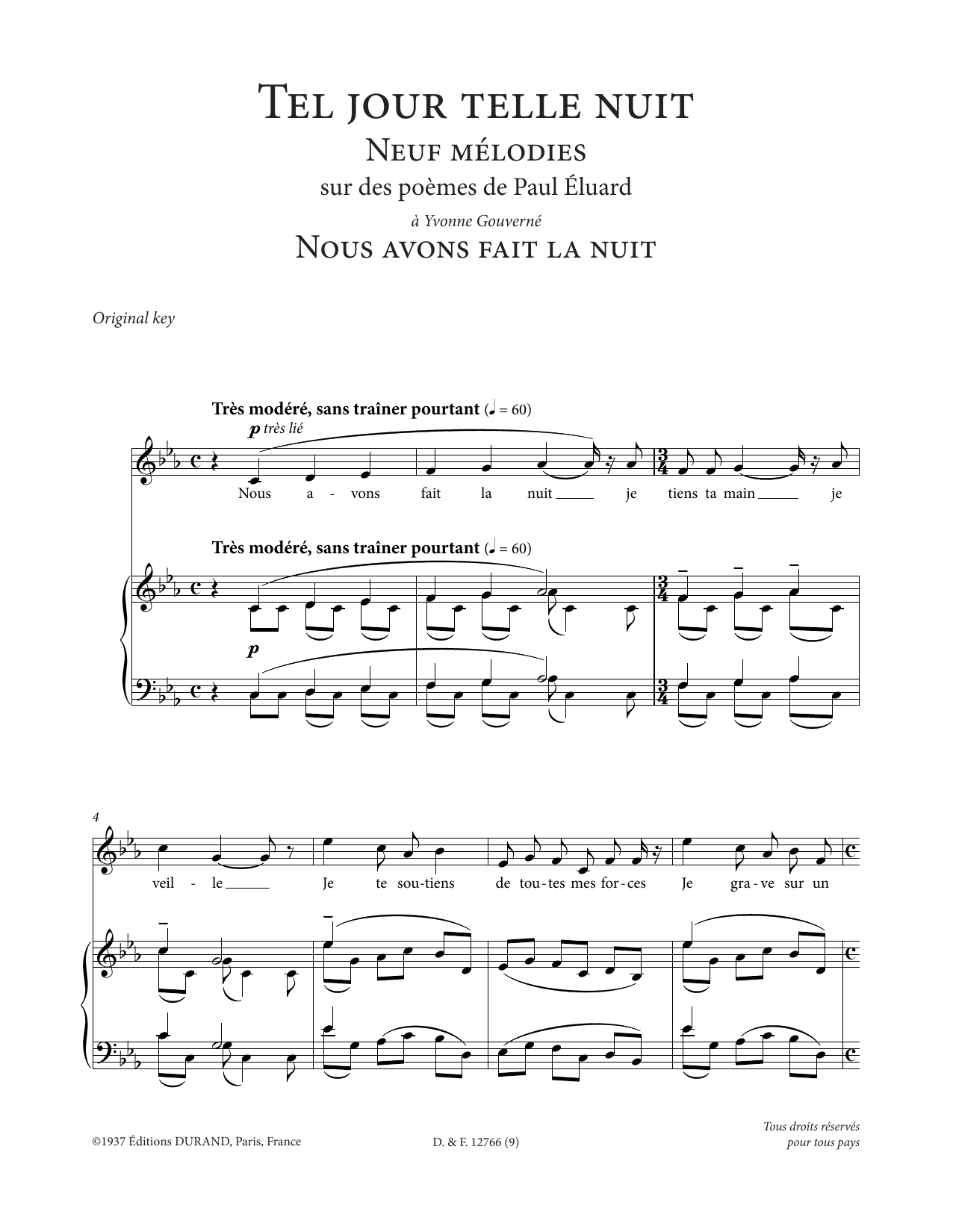 Download Francis Poulenc Nous avons fait la nuit (High Voice) Sheet Music and learn how to play Piano & Vocal PDF digital score in minutes