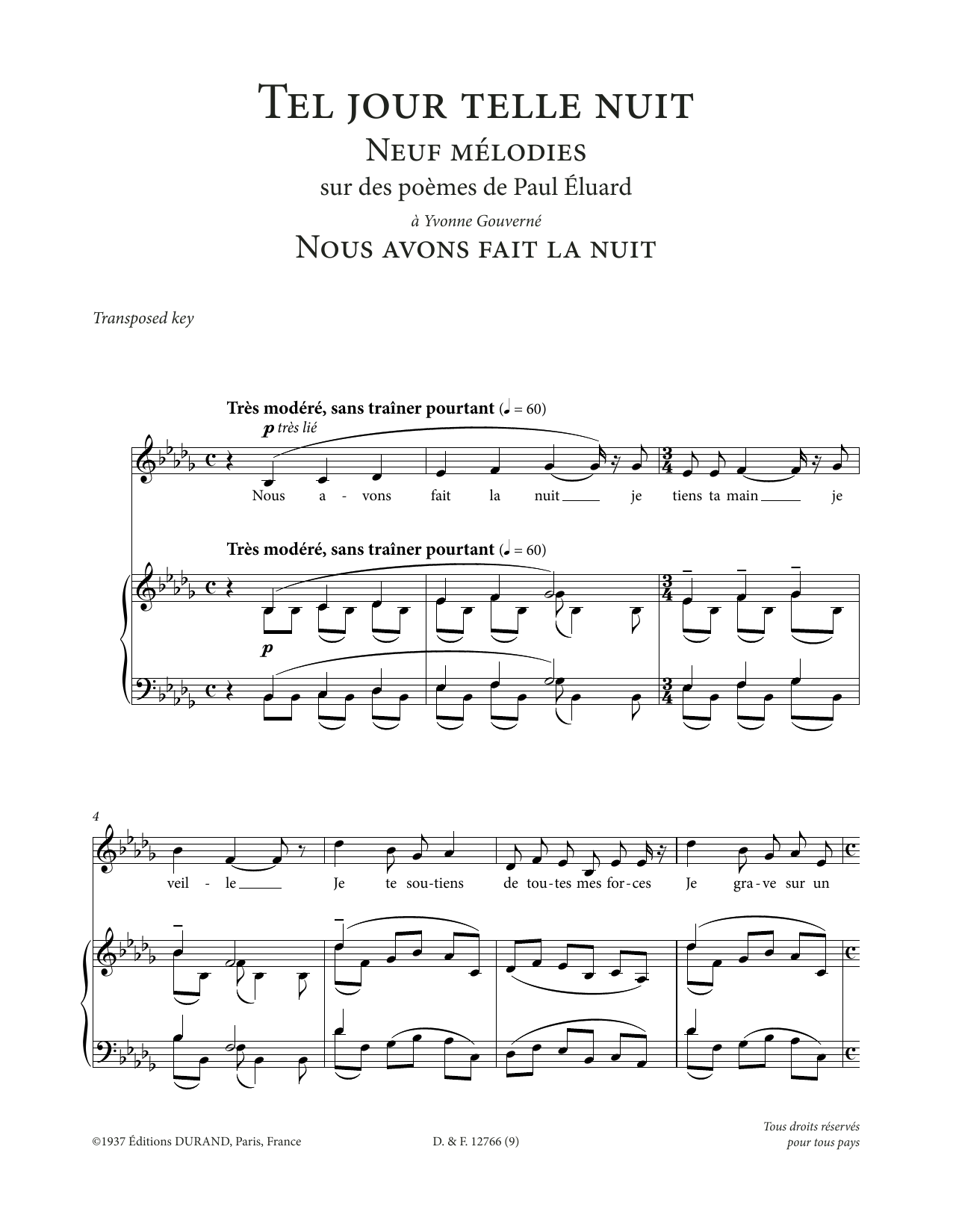 Download Francis Poulenc Nous avons fait la nuit (Low Voice) Sheet Music and learn how to play Piano & Vocal PDF digital score in minutes