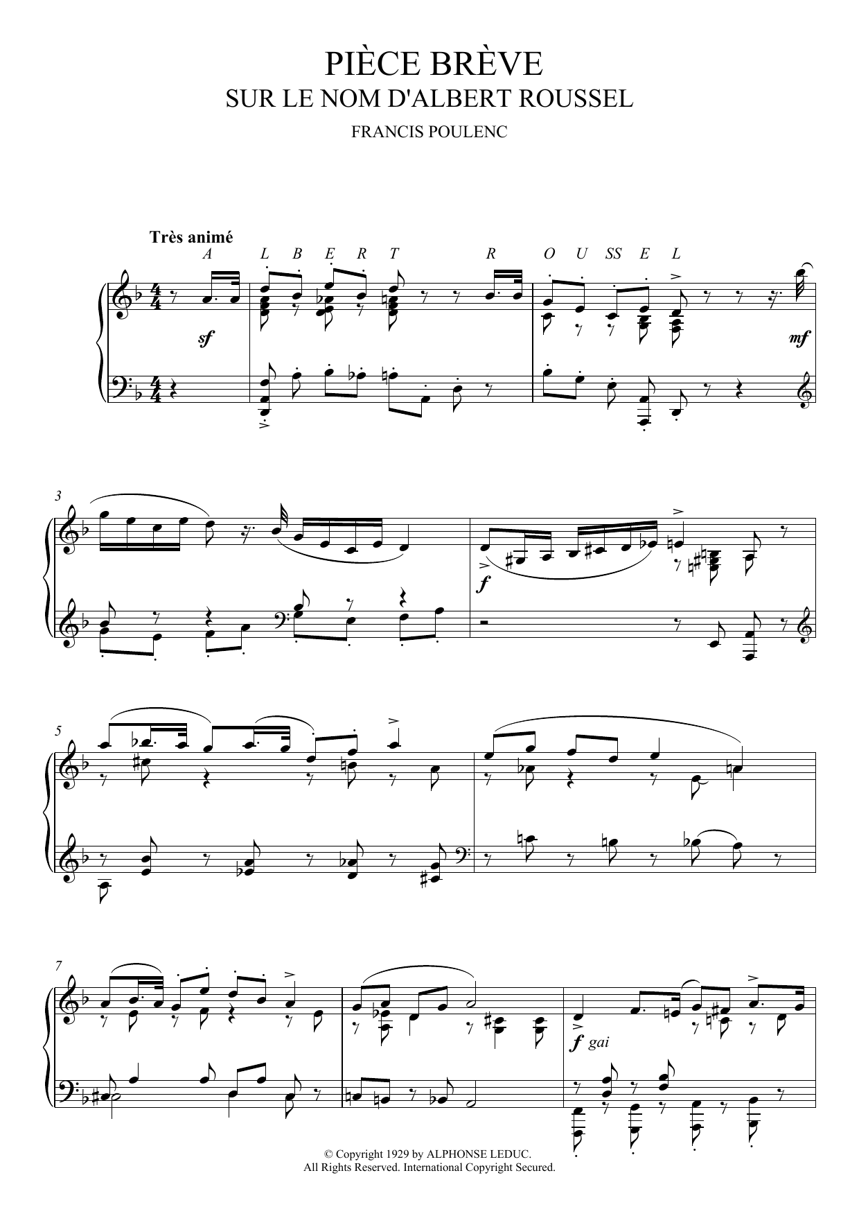 Download Francis Poulenc Pièce Brève Sur Le Nom D'Albert Roussel Sheet Music and learn how to play Piano PDF digital score in minutes