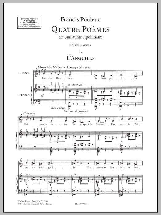 Download Francis Poulenc Quatre Poèmes de Guillaume Apollinaire Sheet Music and learn how to play Piano & Vocal PDF digital score in minutes
