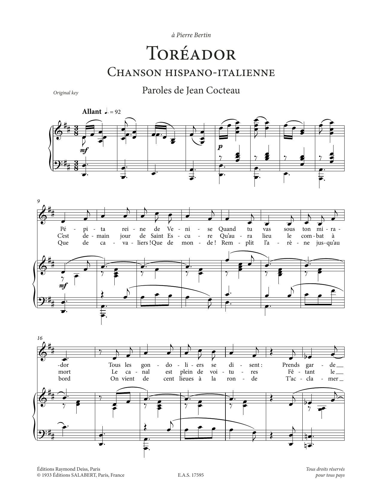 Download Francis Poulenc Toréador Sheet Music and learn how to play Piano & Vocal PDF digital score in minutes