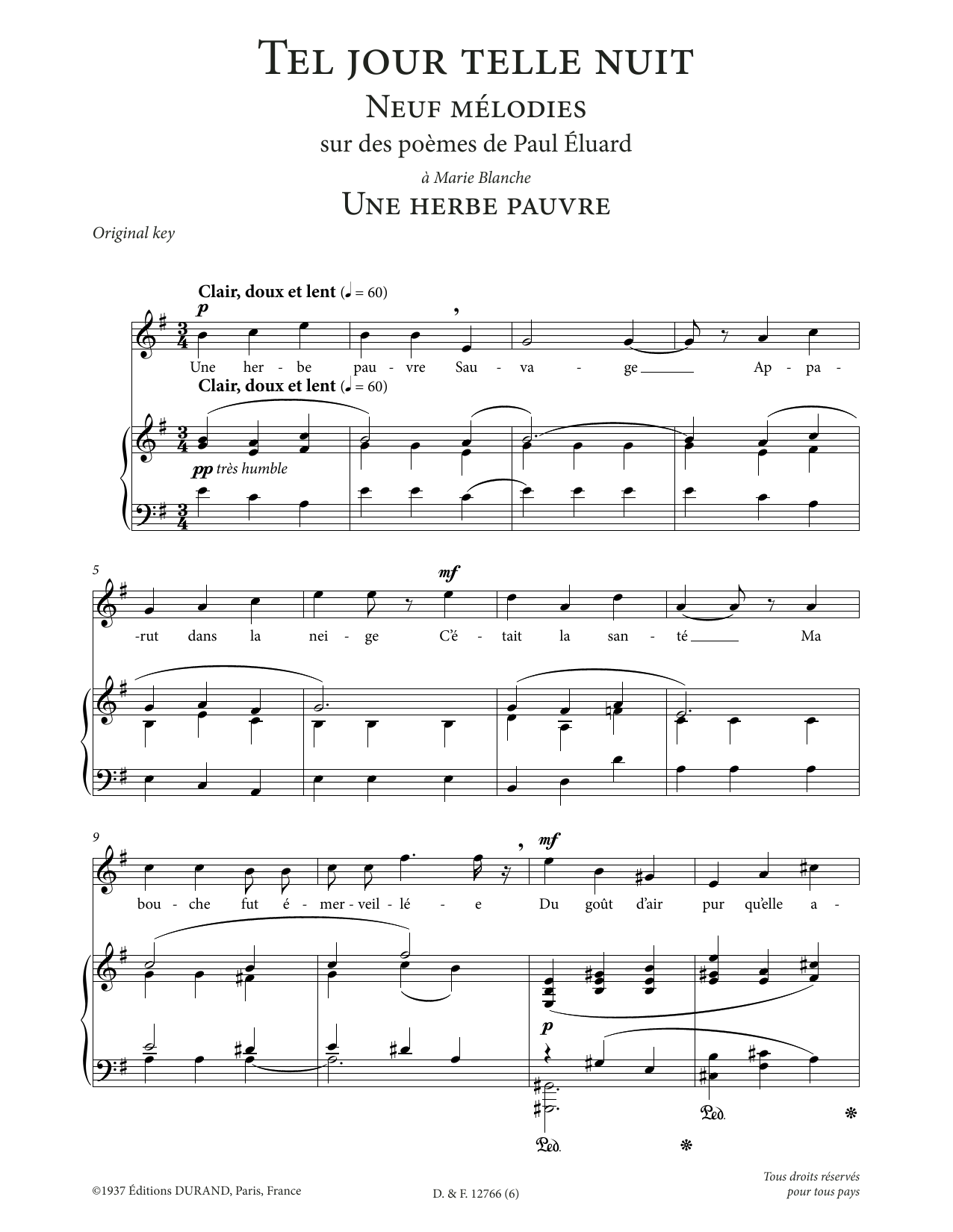 Download Francis Poulenc Une herbe pauvre (High Voice) Sheet Music and learn how to play Piano & Vocal PDF digital score in minutes