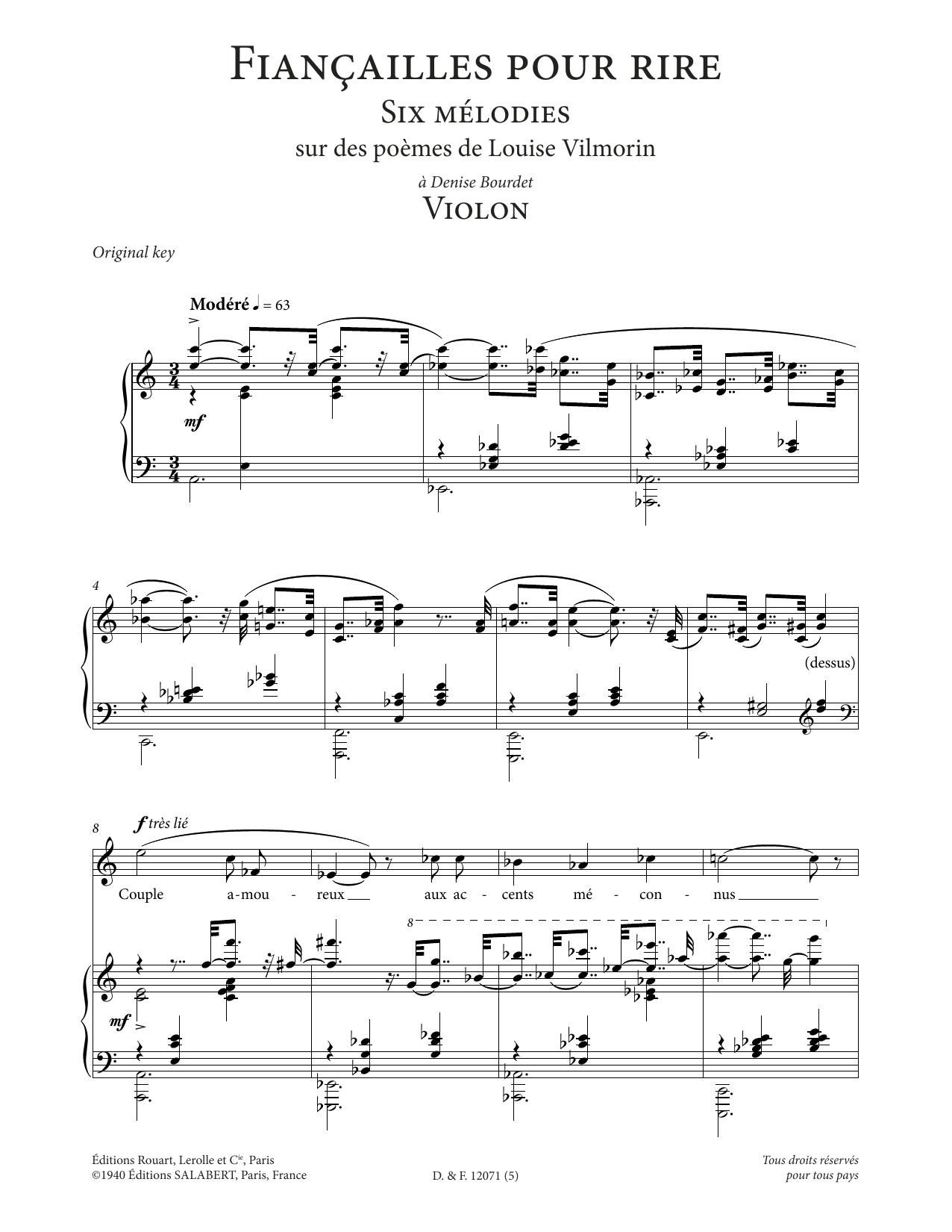 Download Francis Poulenc Violon (High Voice) Sheet Music and learn how to play Piano & Vocal PDF digital score in minutes
