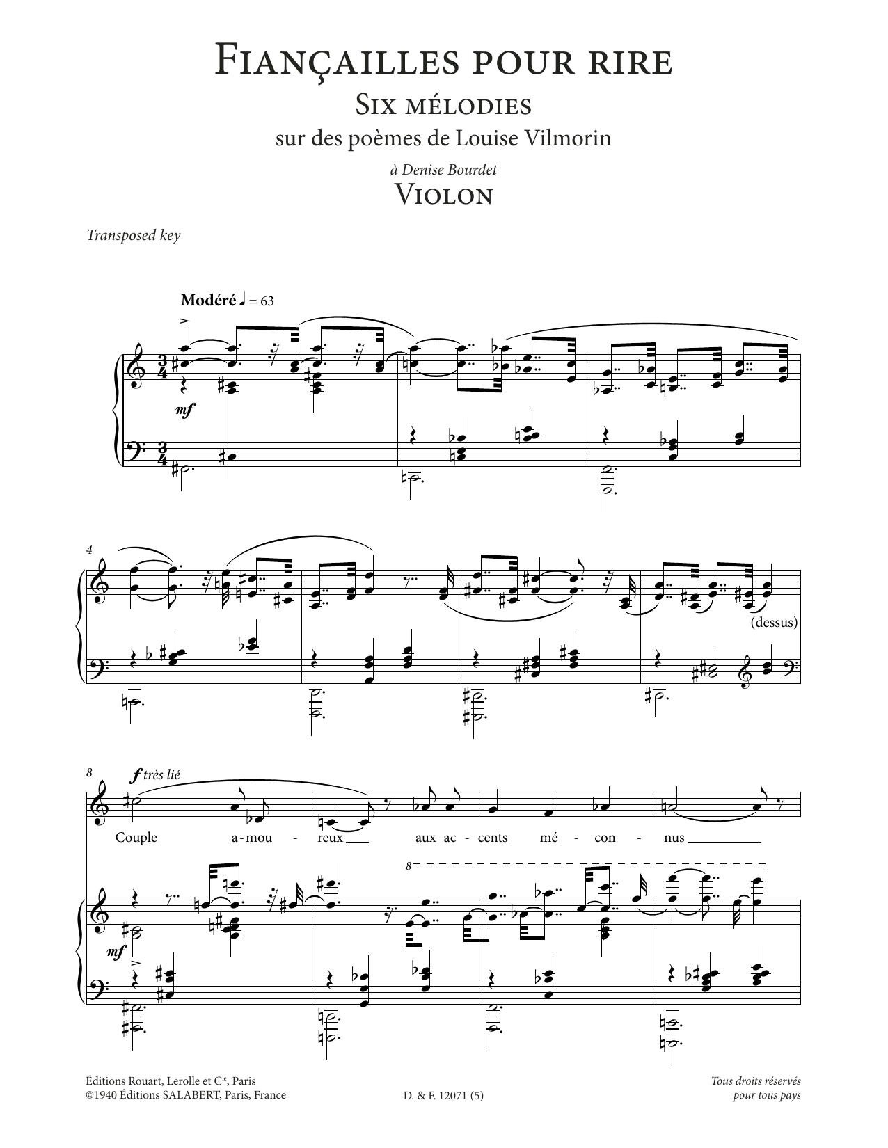 Download Francis Poulenc Violon (Low Voice) Sheet Music and learn how to play Piano & Vocal PDF digital score in minutes