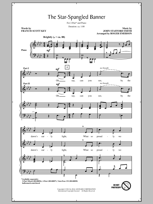 Download John Stafford Smith The Star Spangled Banner (arr. Roger Emerson) Sheet Music and learn how to play 2-Part Choir PDF digital score in minutes